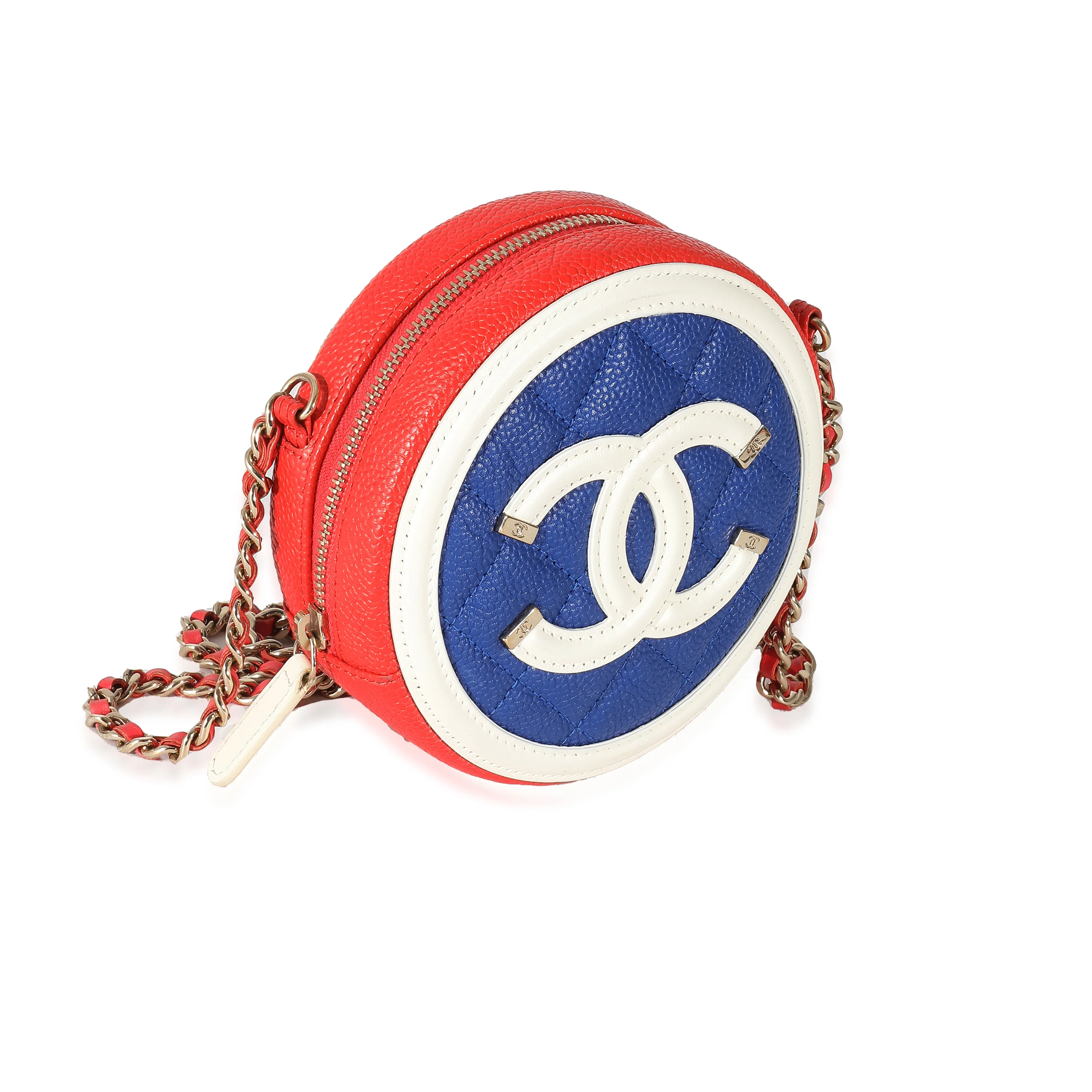 Chanel Blue White Red Caviar CC Filigree Round Clutch With Chain - Image 3