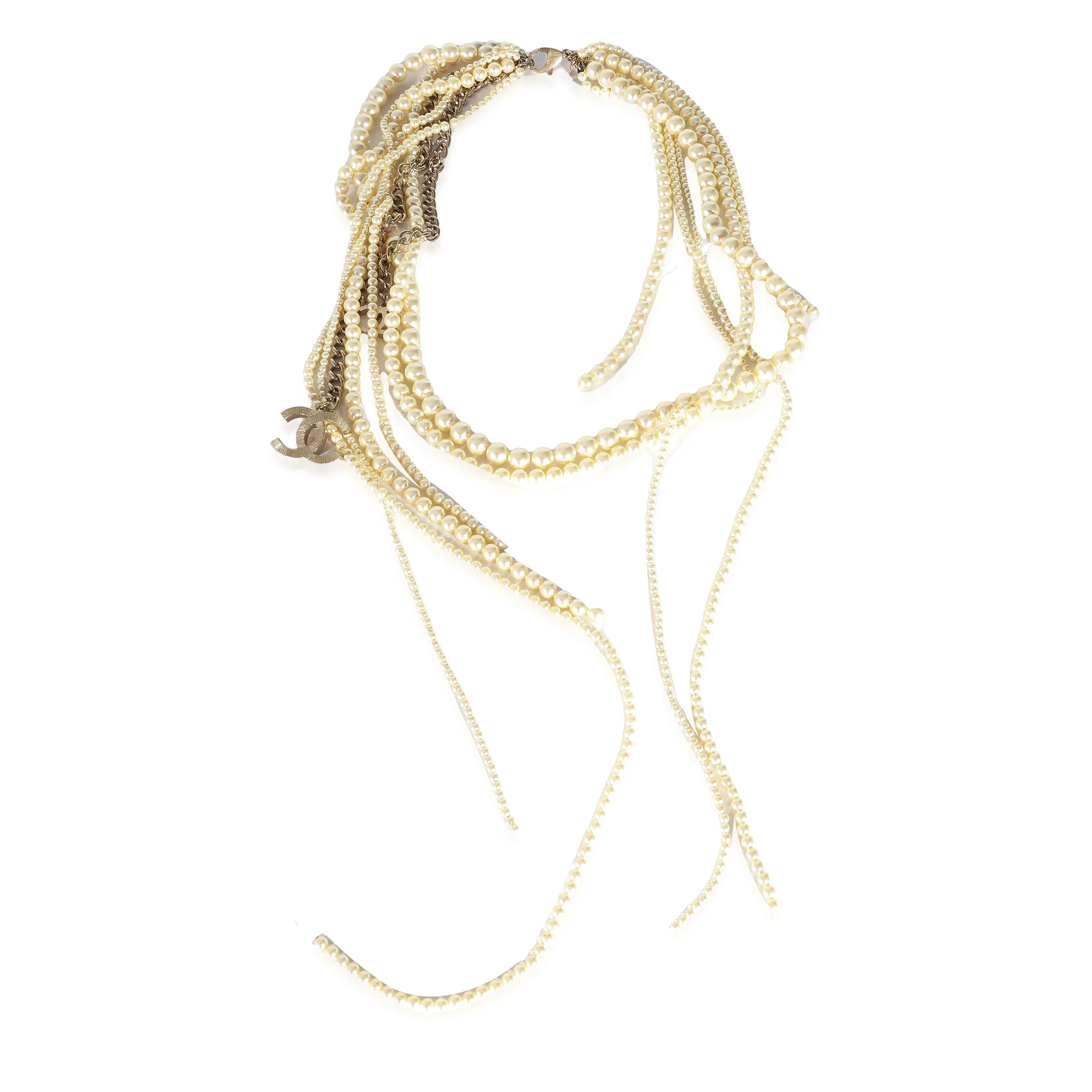 Faux-Pearl Fringe Necklace Gold Toned Chanel Multi-Strand B 14 B - Image 2
