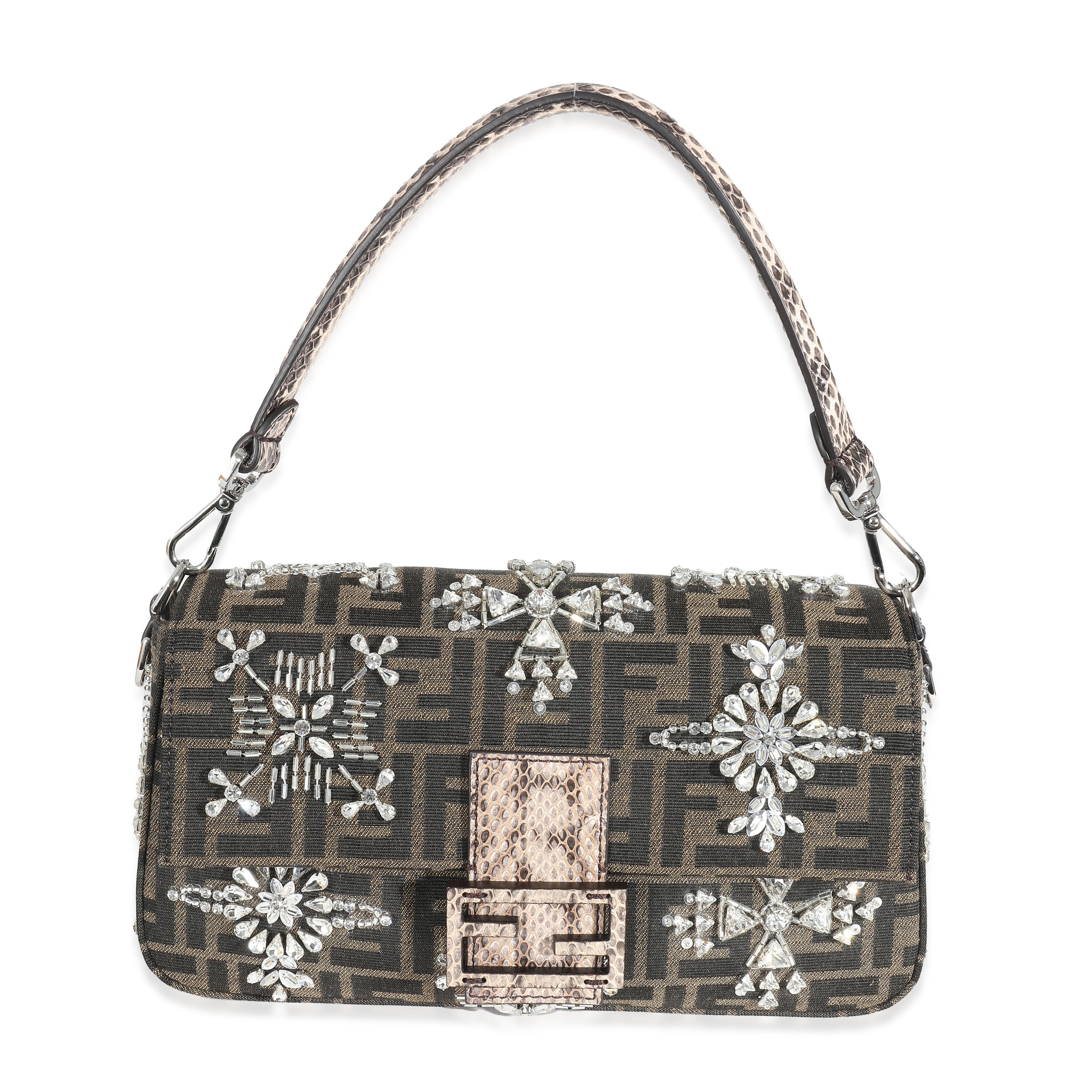 Fendi Brown Zucca Canvas Embellished Re-Edition Baguette