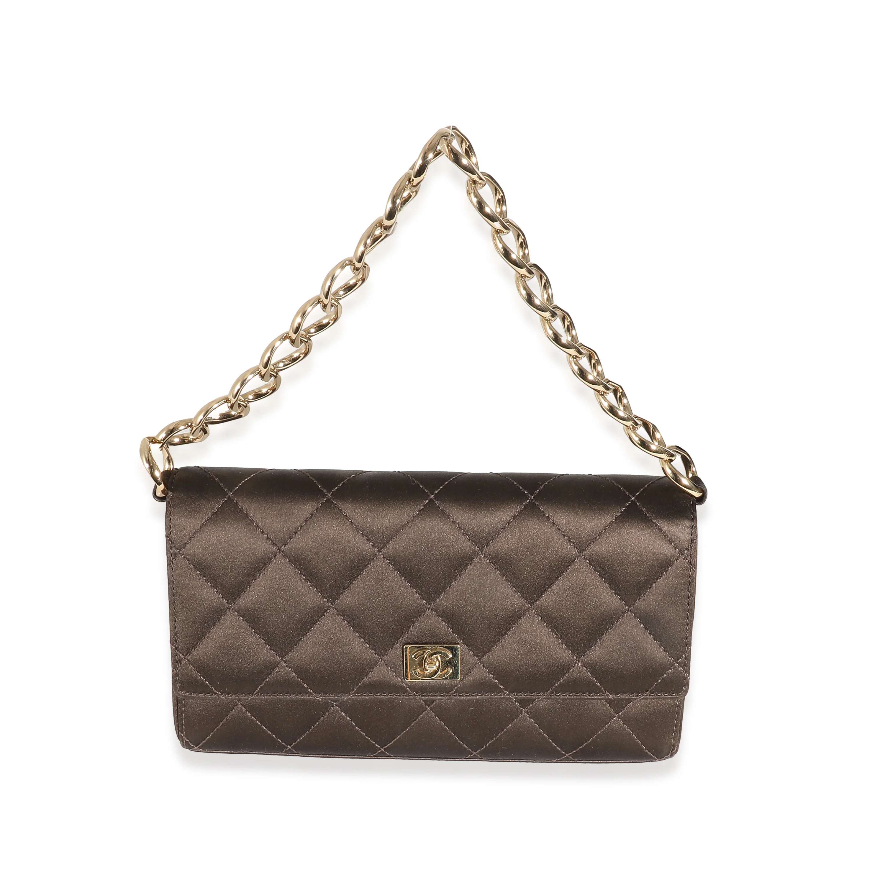 Chanel Brown Quilted Satin CC Turnlock Evening Chain Flap