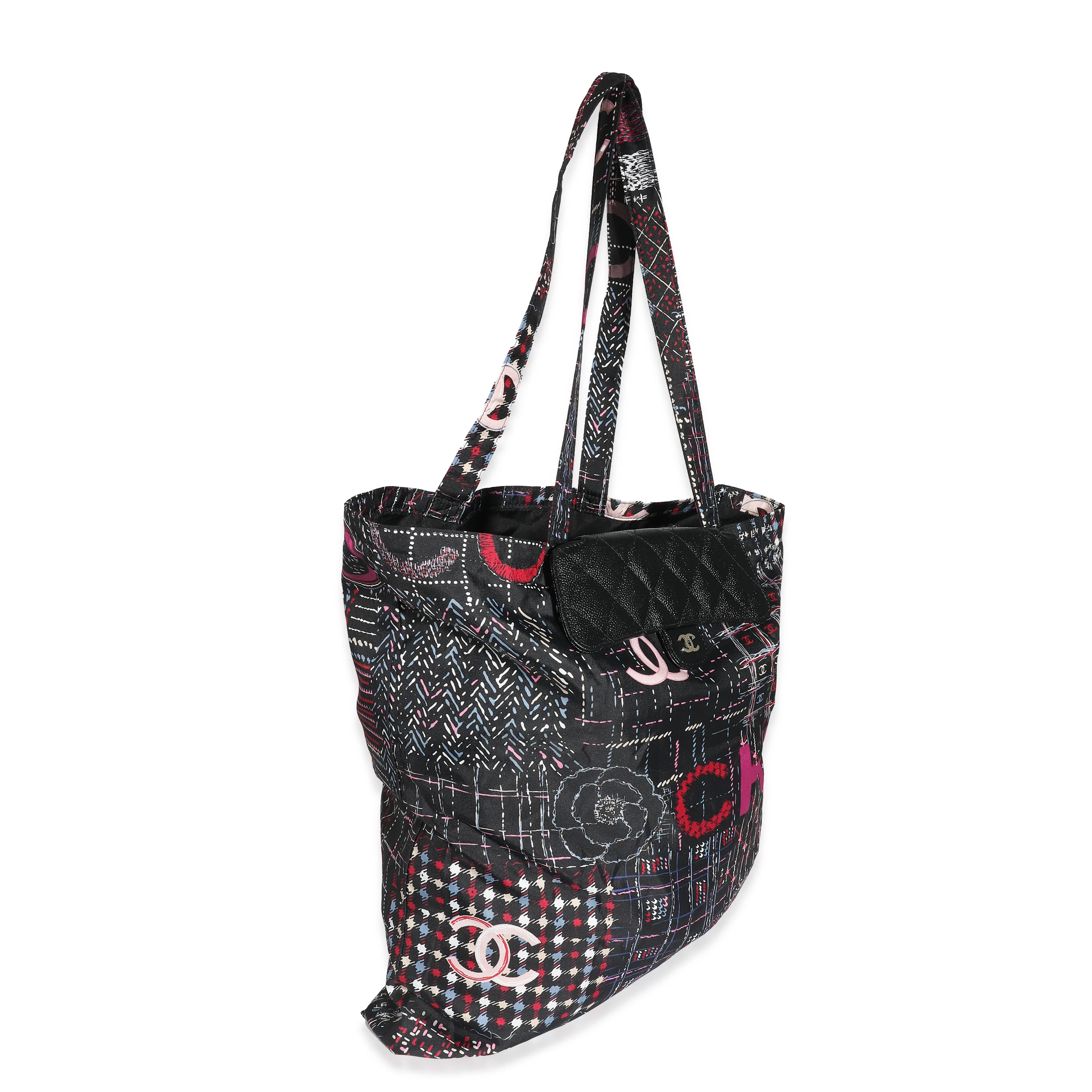 Chanel 22K Black Quilted Caviar Multicolor Nylon Foldable Tote - Image 11