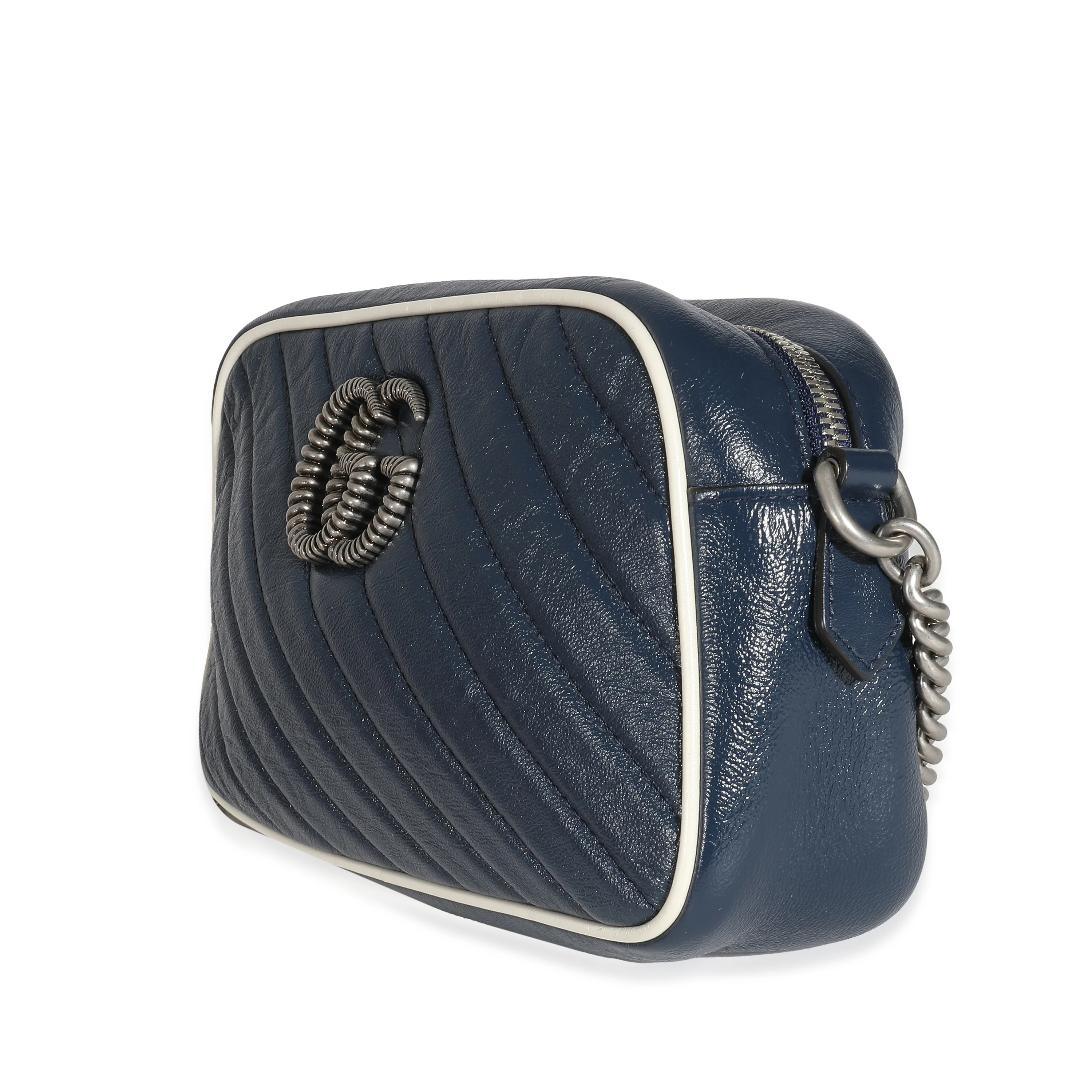 Navy White Matelasse Leather Small Torchon GG Marmont Shoulder Bag - Image 2