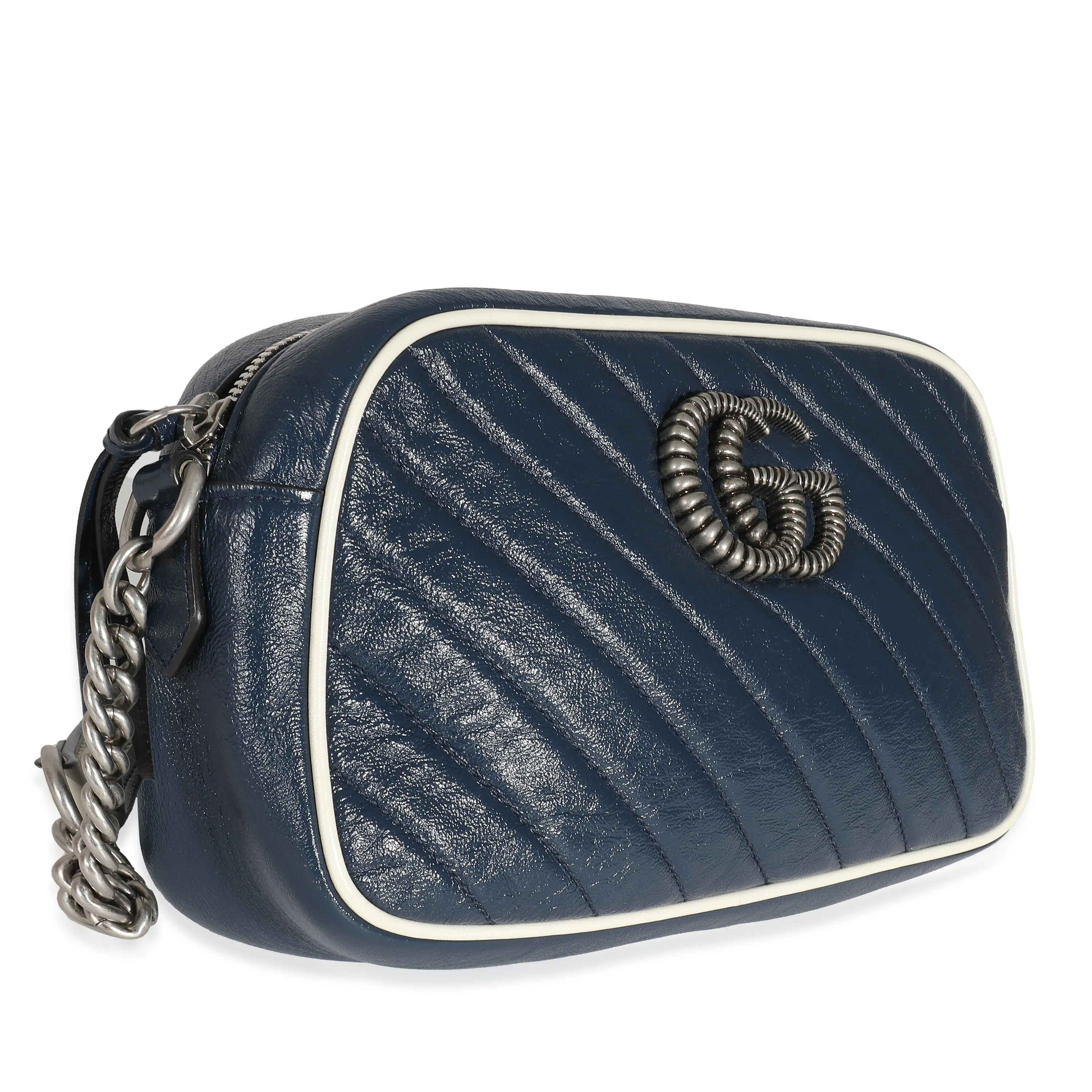 Navy White Matelasse Leather Small Torchon GG Marmont Shoulder Bag - Image 3