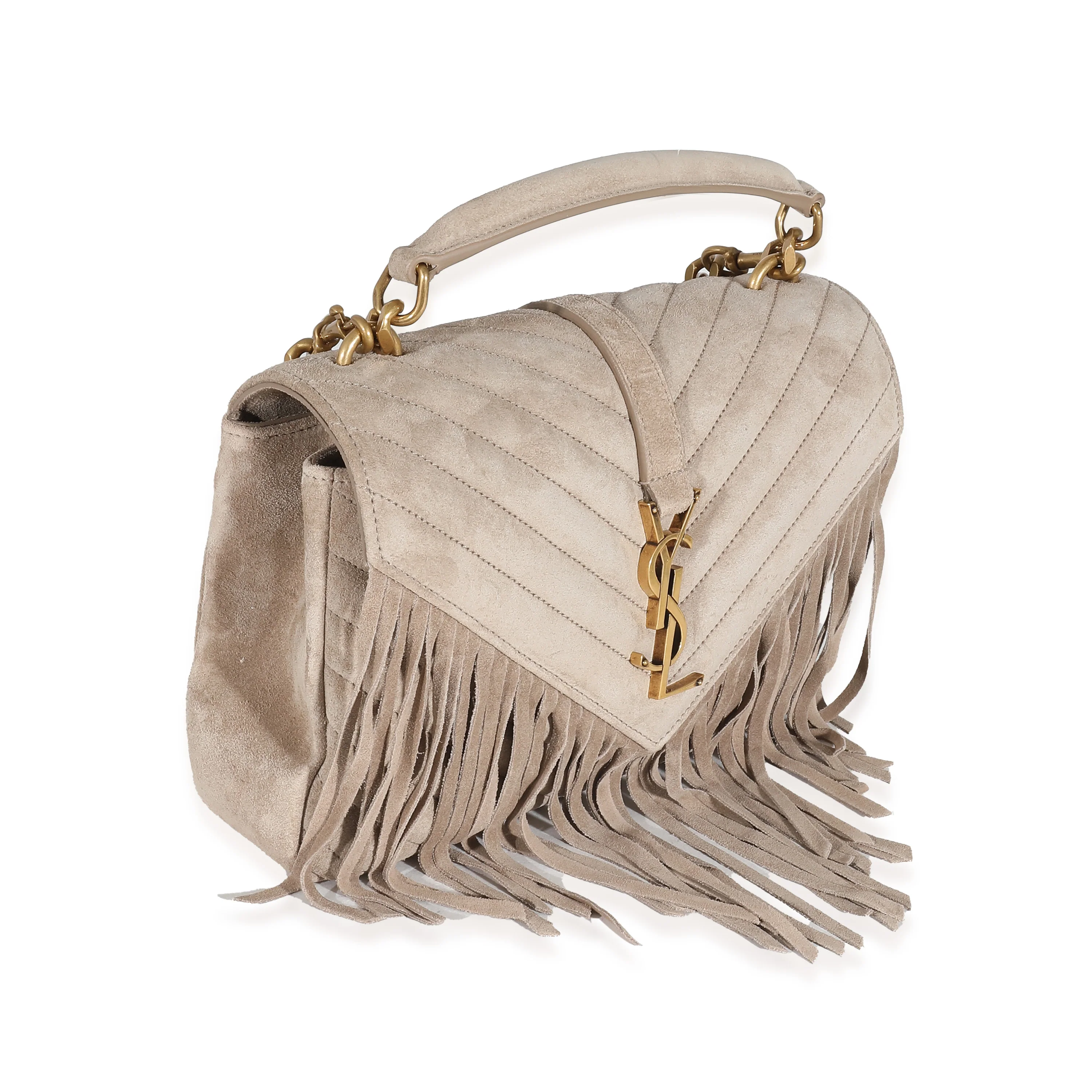 Saint Laurent Beige Suede Matelasse Chevron Fringe Monogram Medium College Bag - Image 4