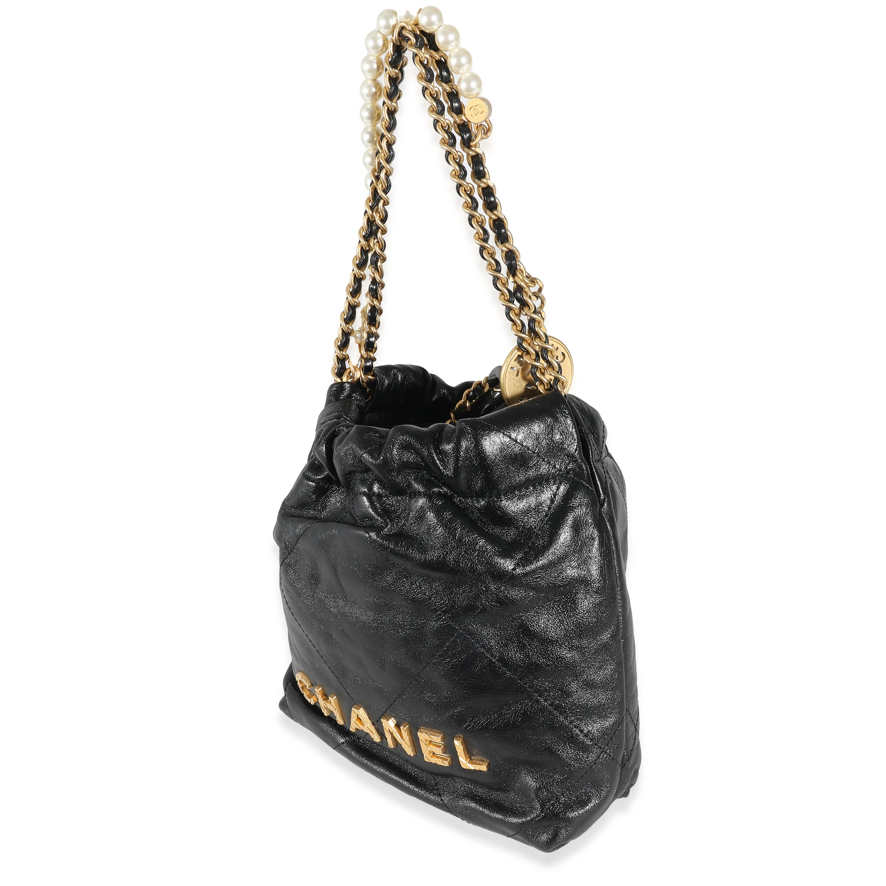 Chanel Black Shiny Crumpled Quilted Calfskin Pearl Chain Mini Chanel 22 Hobo - Image 2