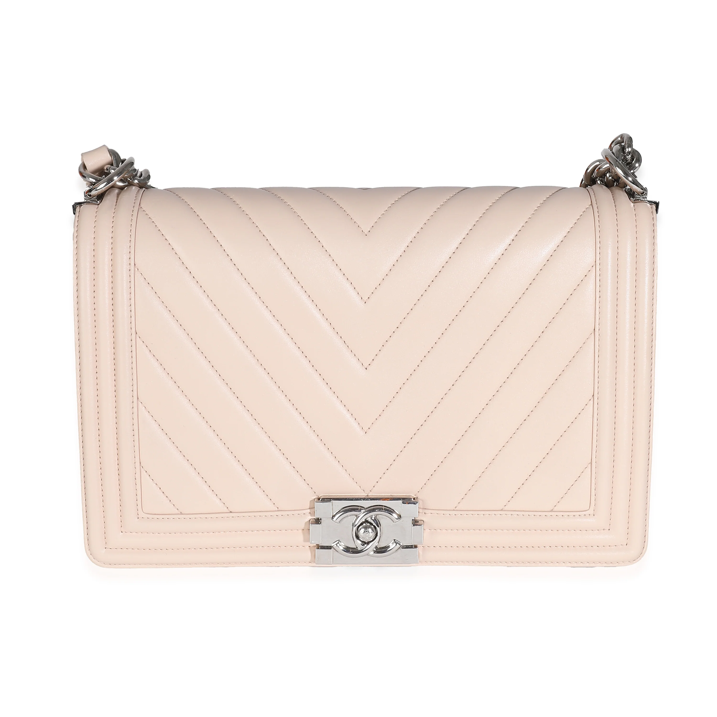 Chanel Beige Chevron Quilted Lambskin New Medium Boy Bag