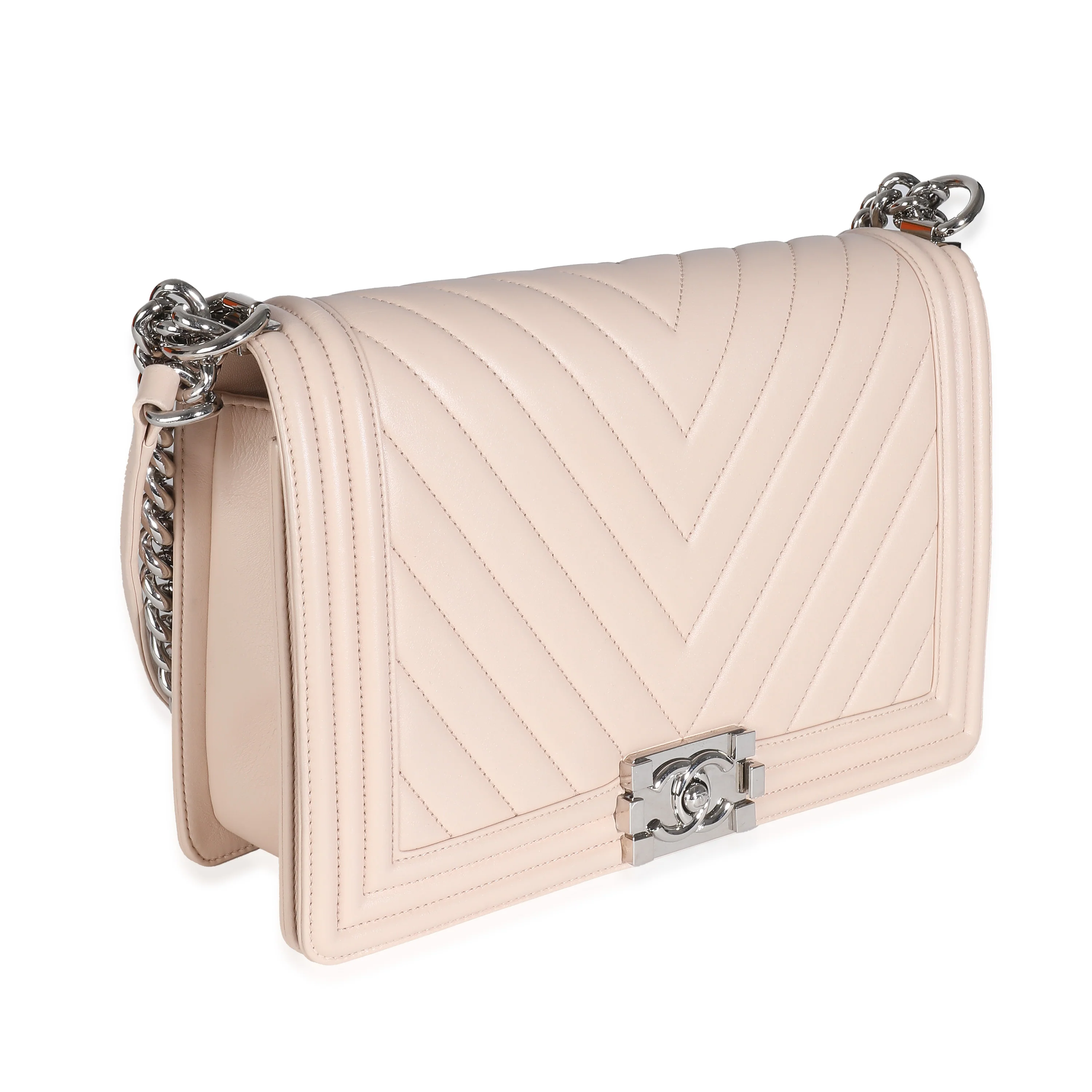 Chanel Beige Chevron Quilted Lambskin New Medium Boy Bag - Image 3