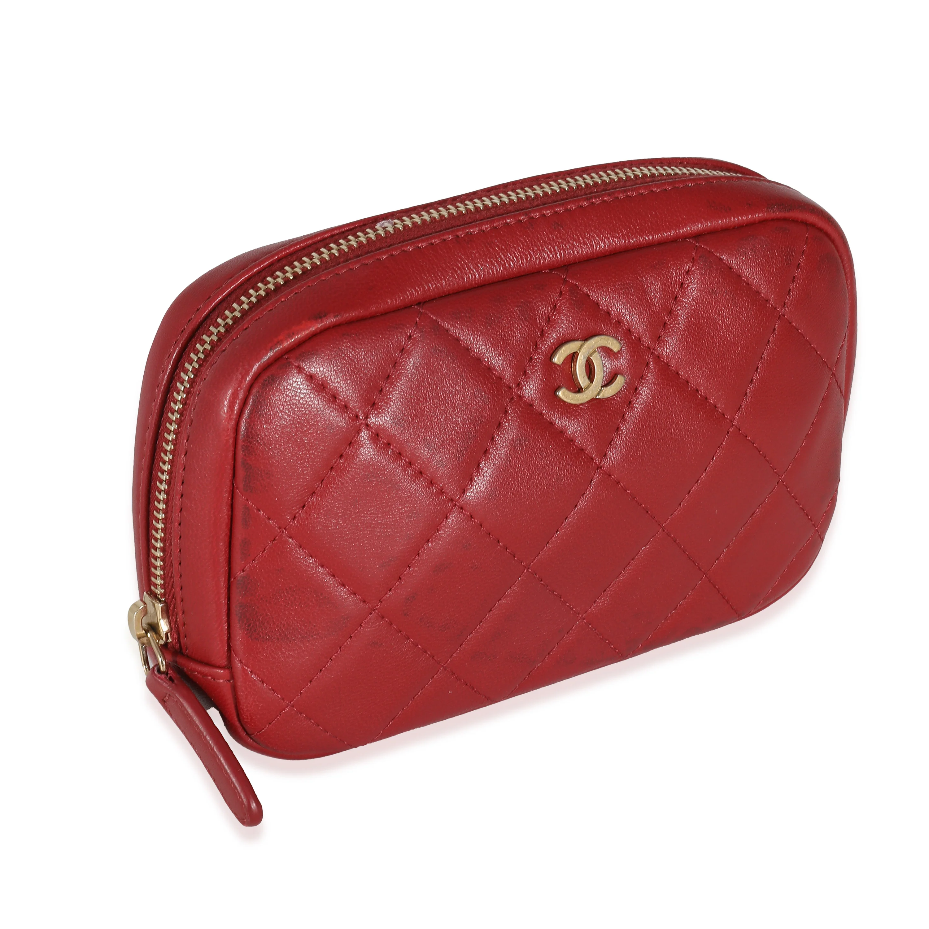 Red Quilted Lambskin Small Curvy Pouch Cosmetic Case - Image 3