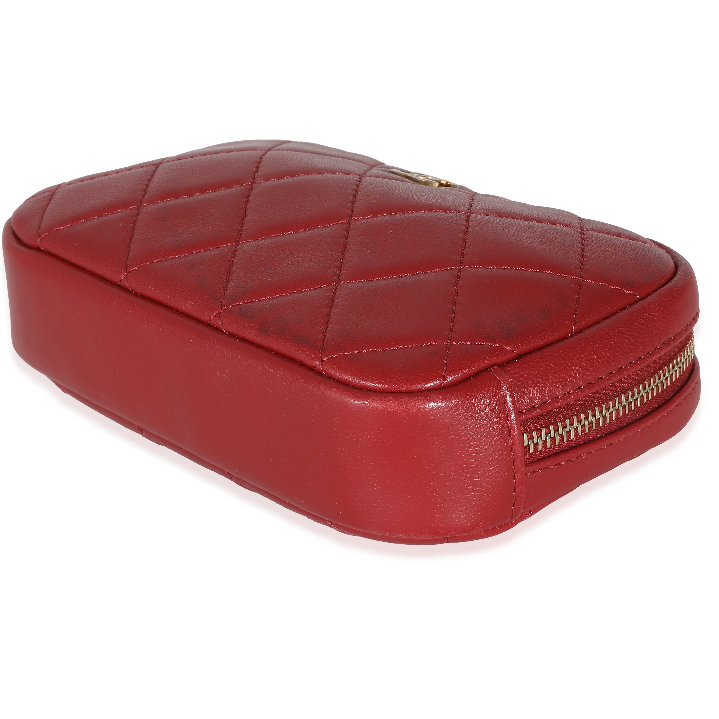 Red Quilted Lambskin Small Curvy Pouch Cosmetic Case - Image 6