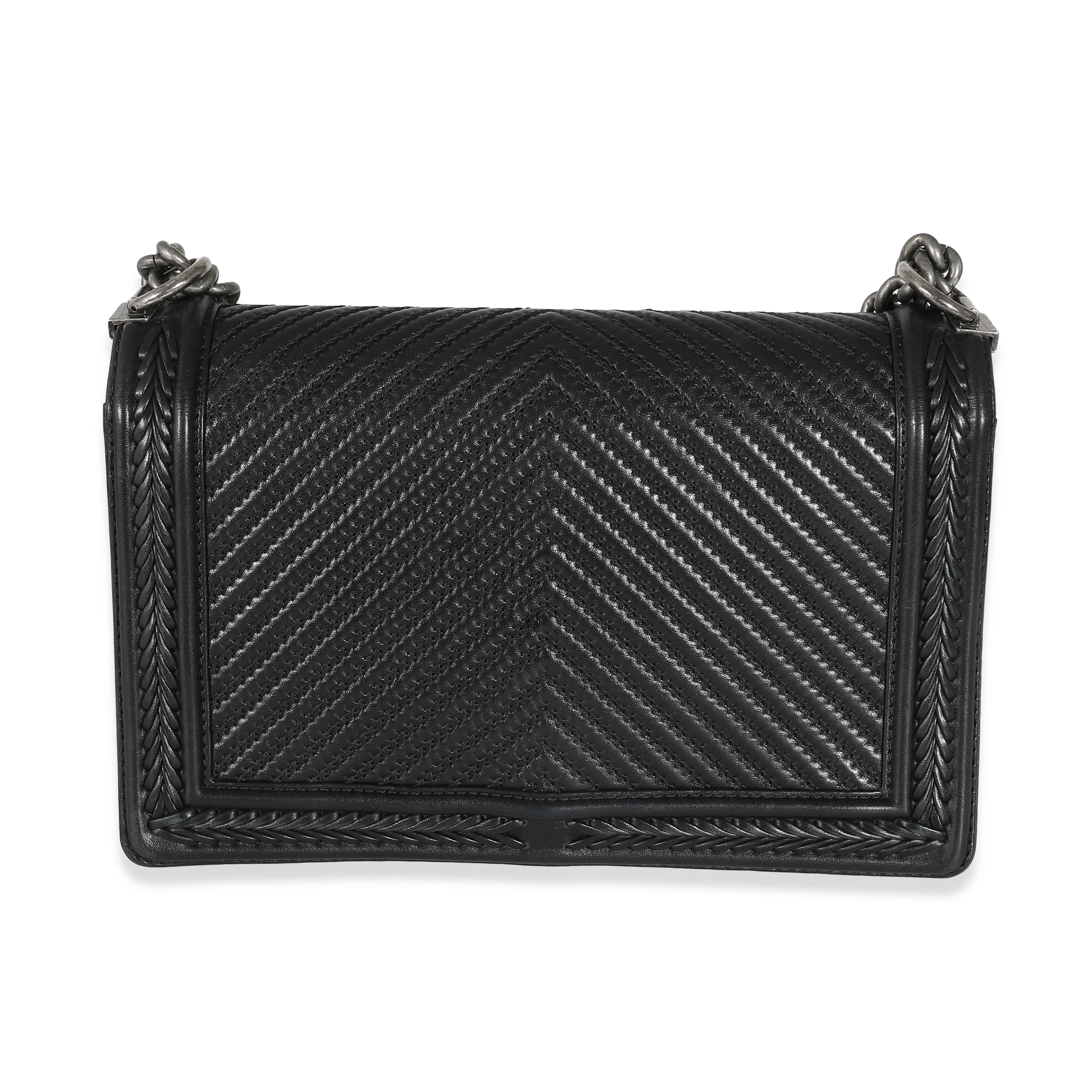Chanel Black Herringbone Lambskin Chevron New Medium Boy Bag - Image 4