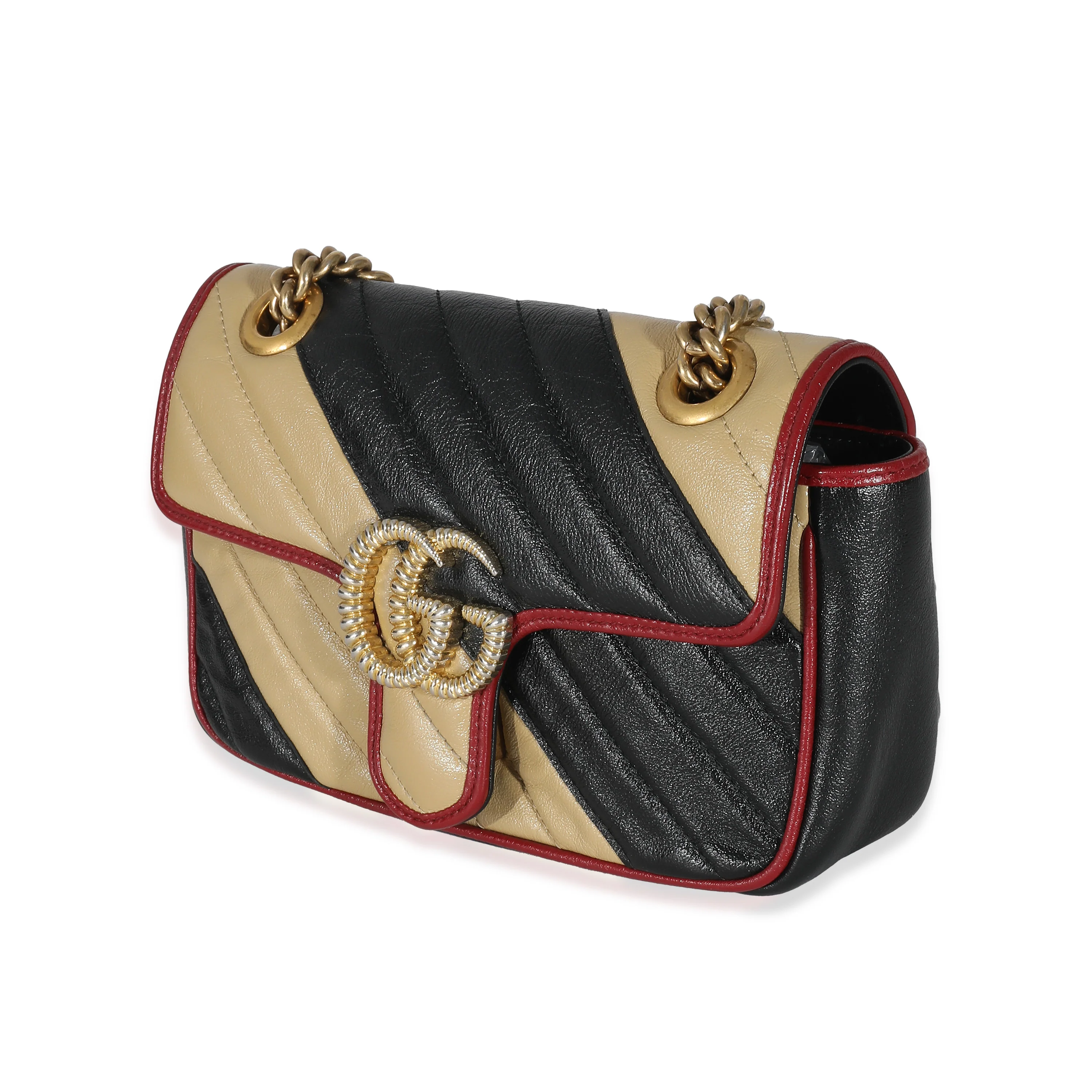 Gucci Black Beige Diagonal Calfskin Matelasse Mini Torchon GG Marmont Bag - Image 2