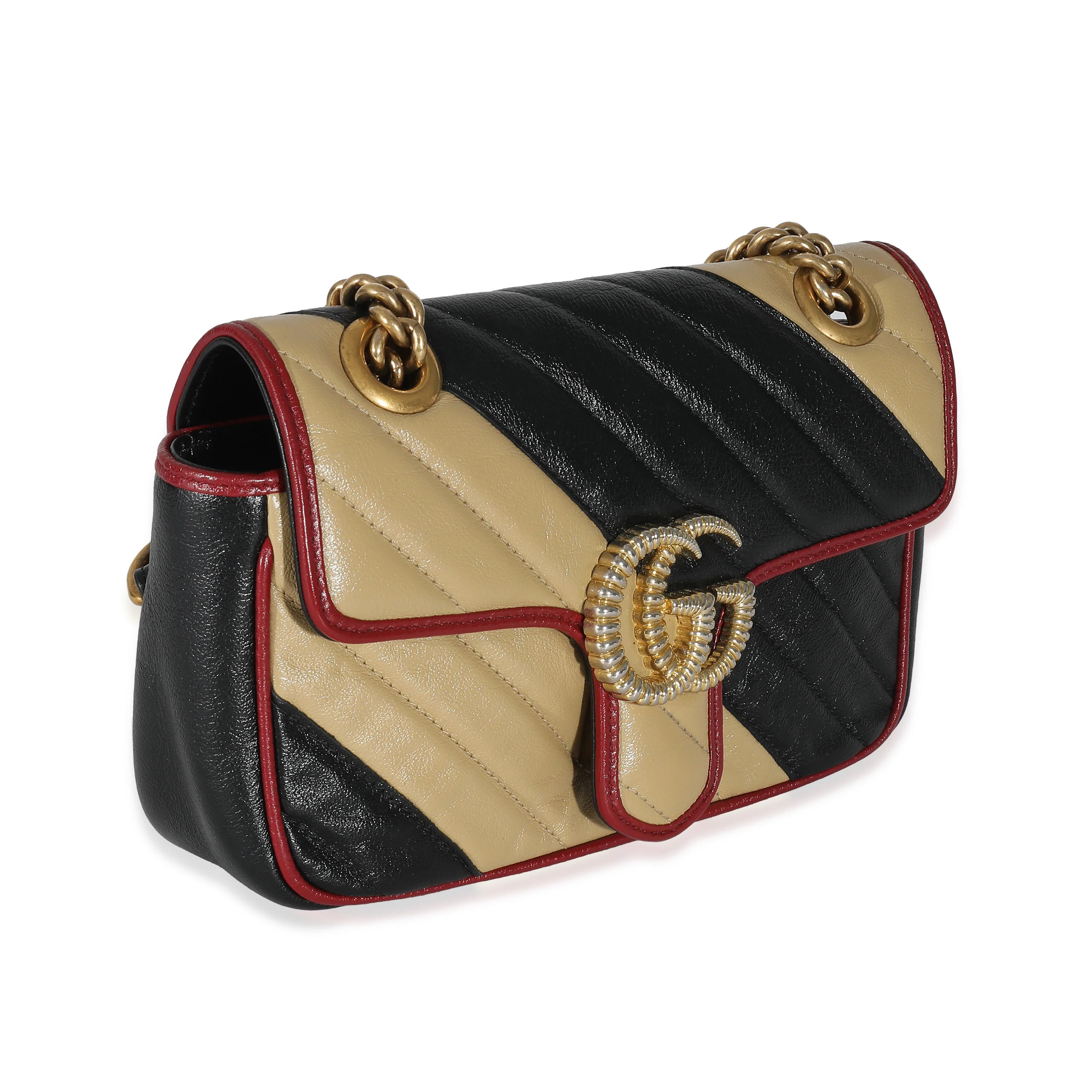 Gucci Black Beige Diagonal Calfskin Matelasse Mini Torchon GG Marmont Bag - Image 3