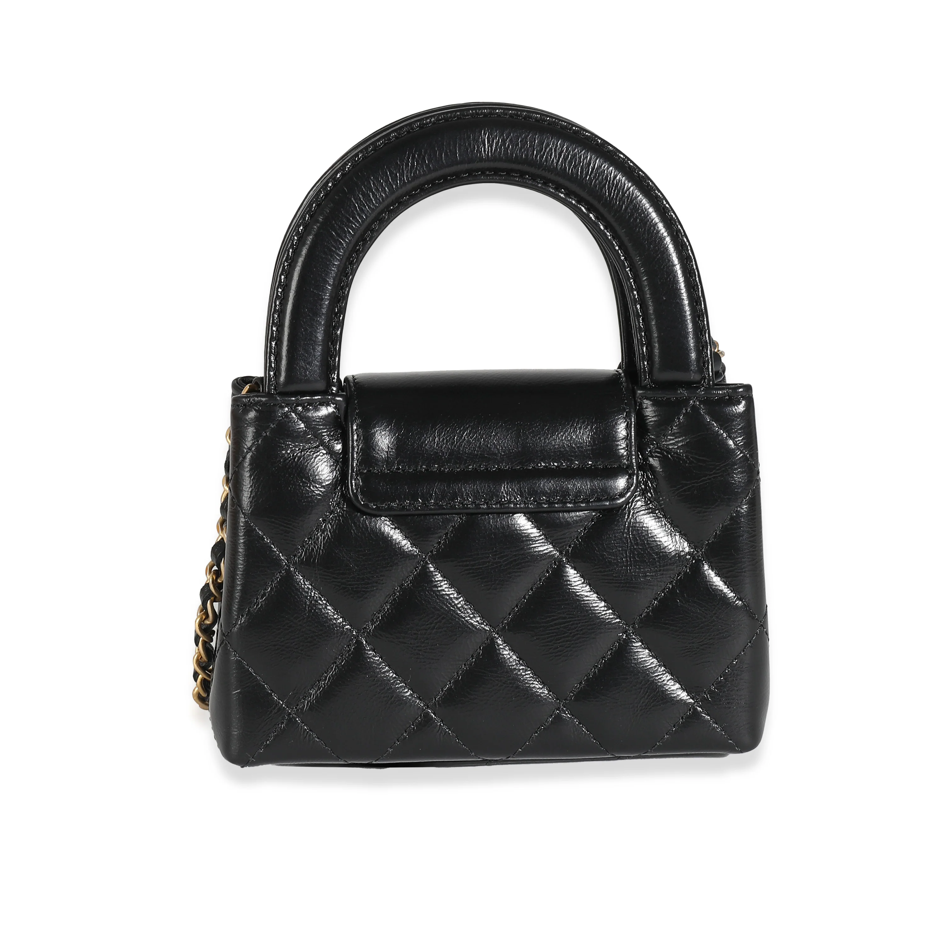 24P Black Quilted Shiny Aged Calfskin Mini Nano Kelly Shopper - Image 4