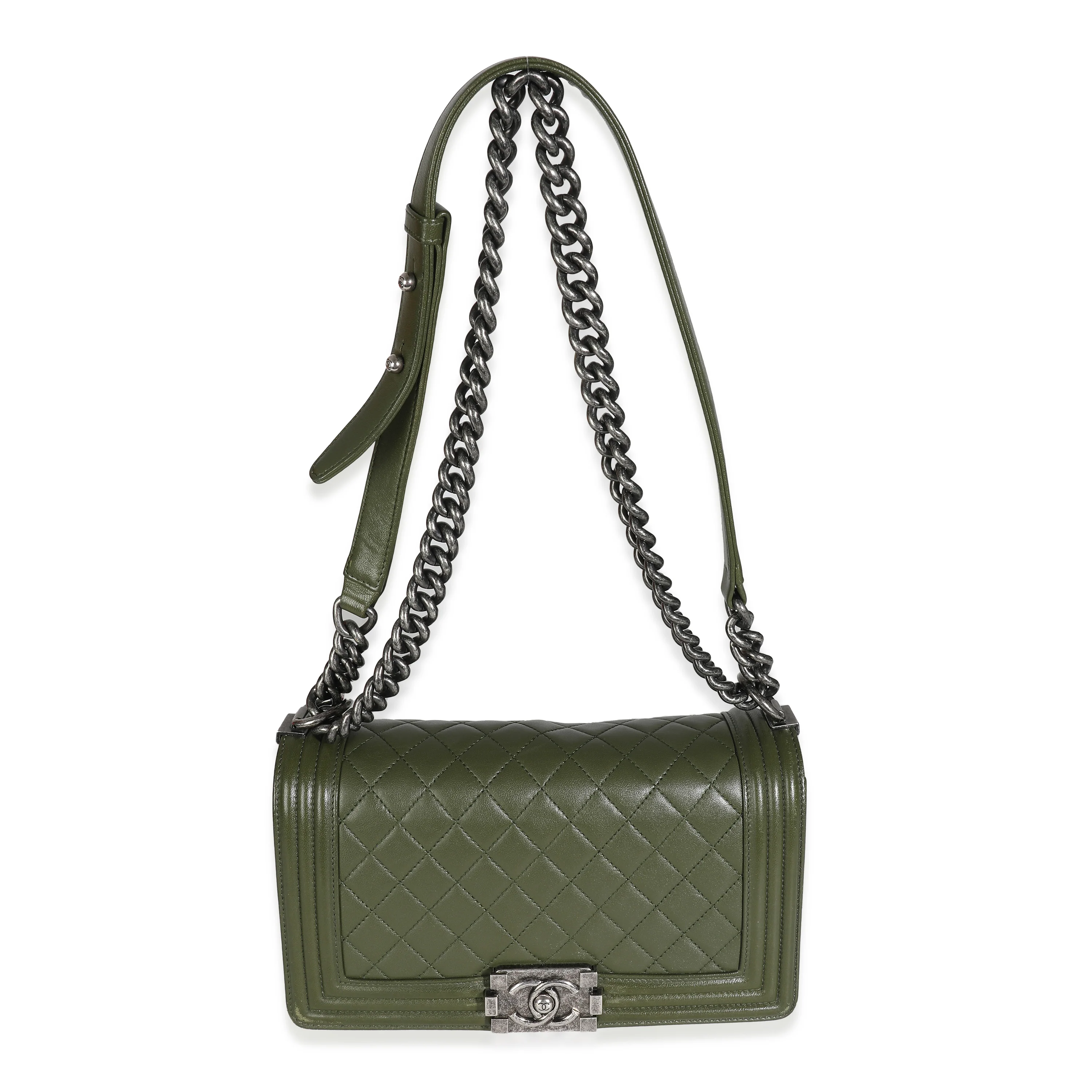 Green Quilted Lambskin Old Medium Boy Bag - Image 8