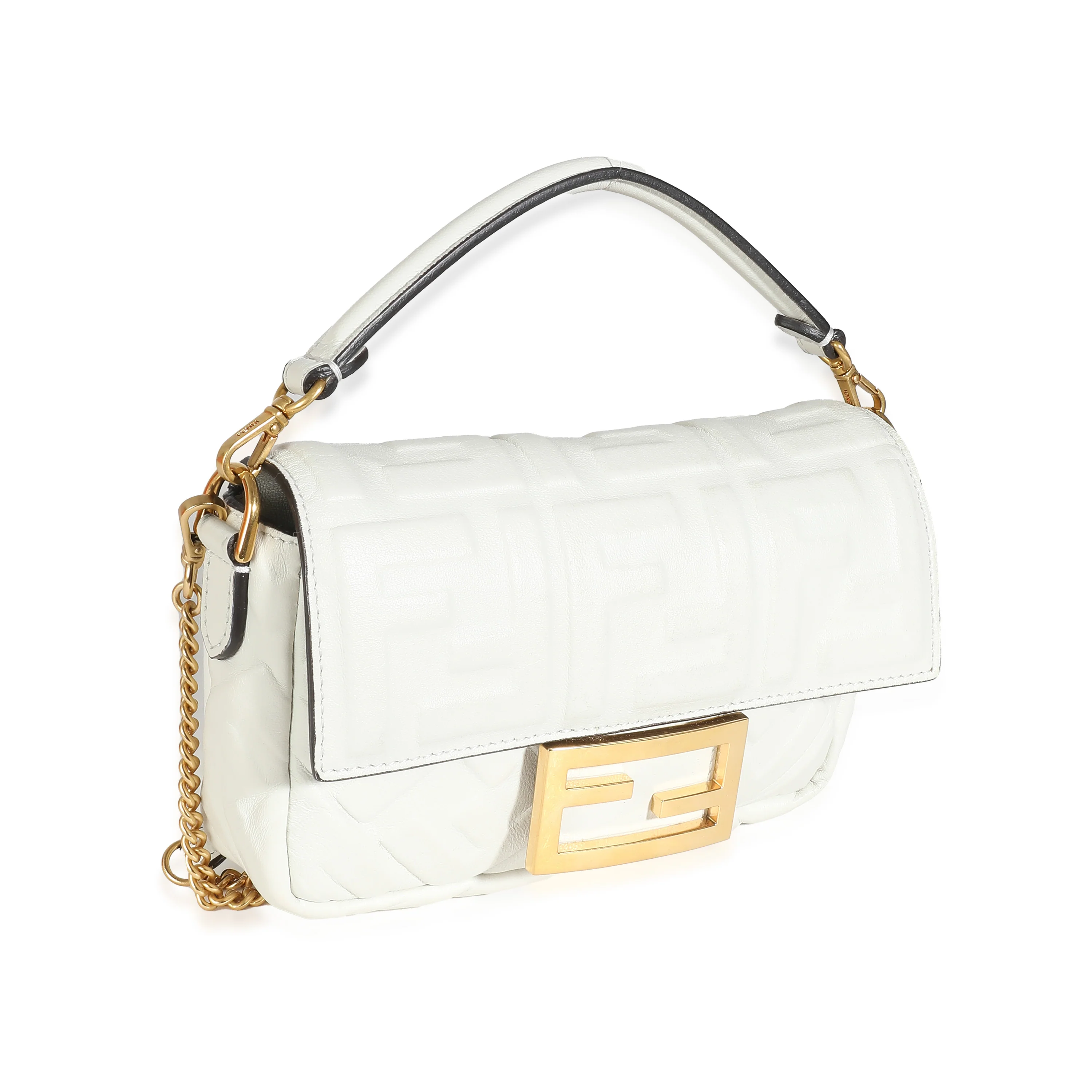 Fendi White FF Embossed Nappa Mini Baguette Bag - Image 3