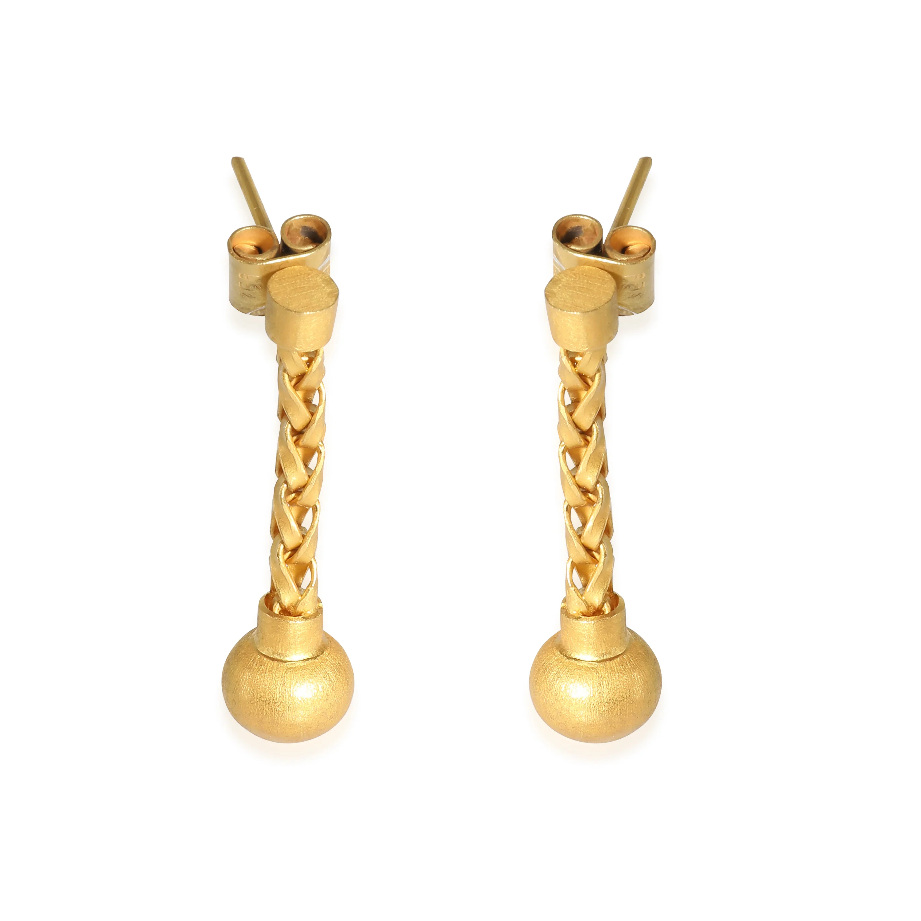 18K Yellow Gold Matte Woven Chain & Ball Drop Earrings