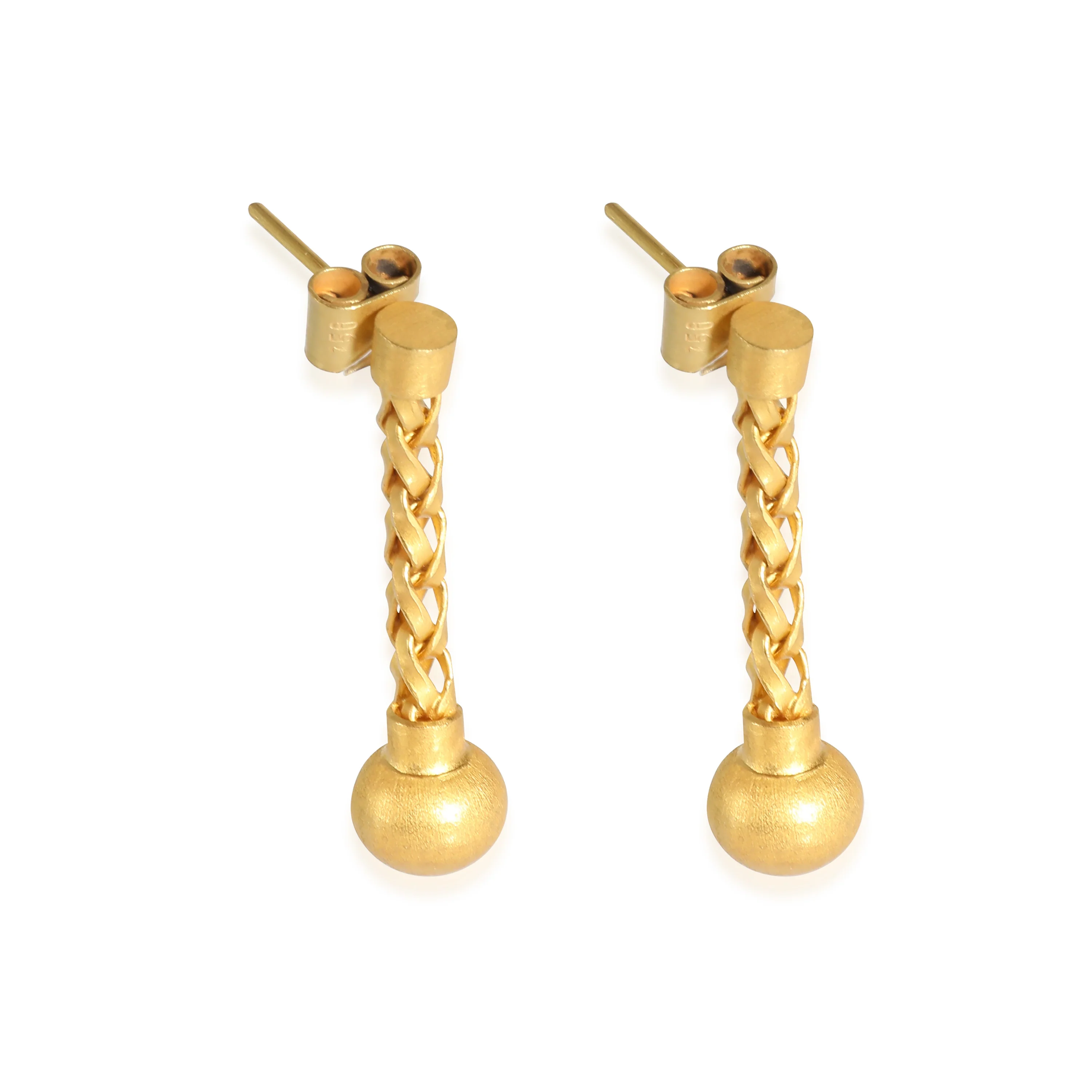 18K Yellow Gold Matte Woven Chain & Ball Drop Earrings - Image 2