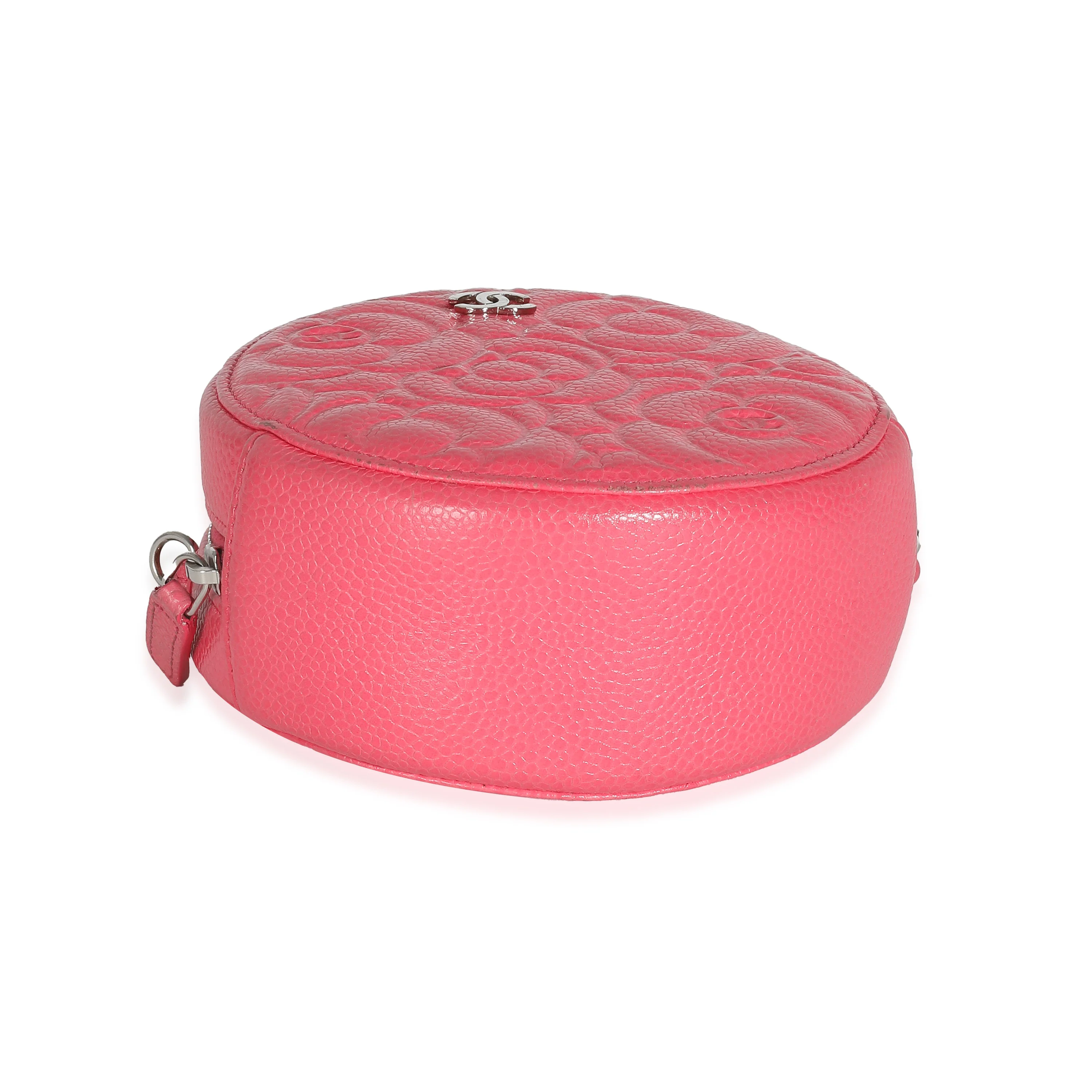 Pink Camellia Embossed Caviar Round Mini Pouch With Chain - Image 6