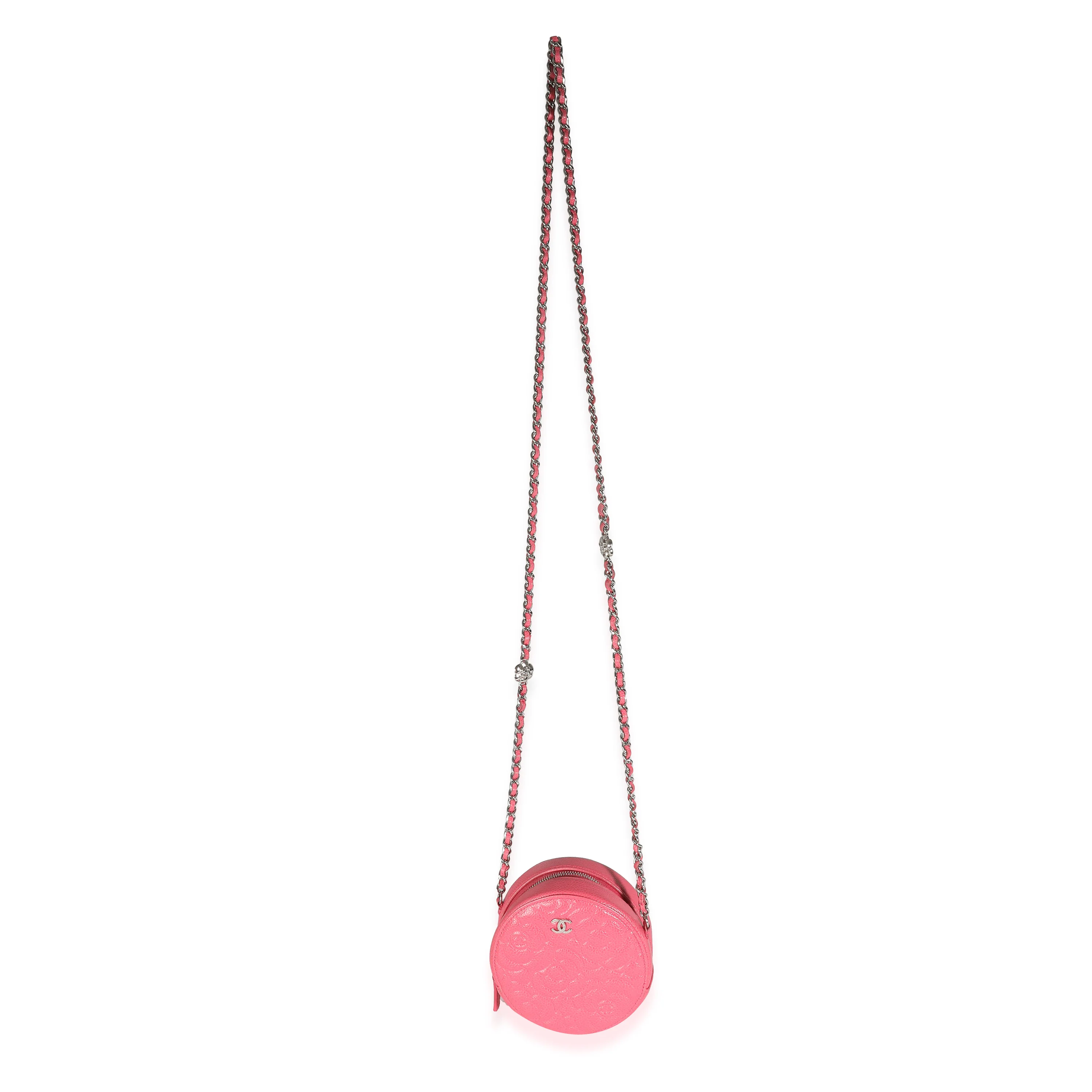 Pink Camellia Embossed Caviar Round Mini Pouch With Chain - Image 8