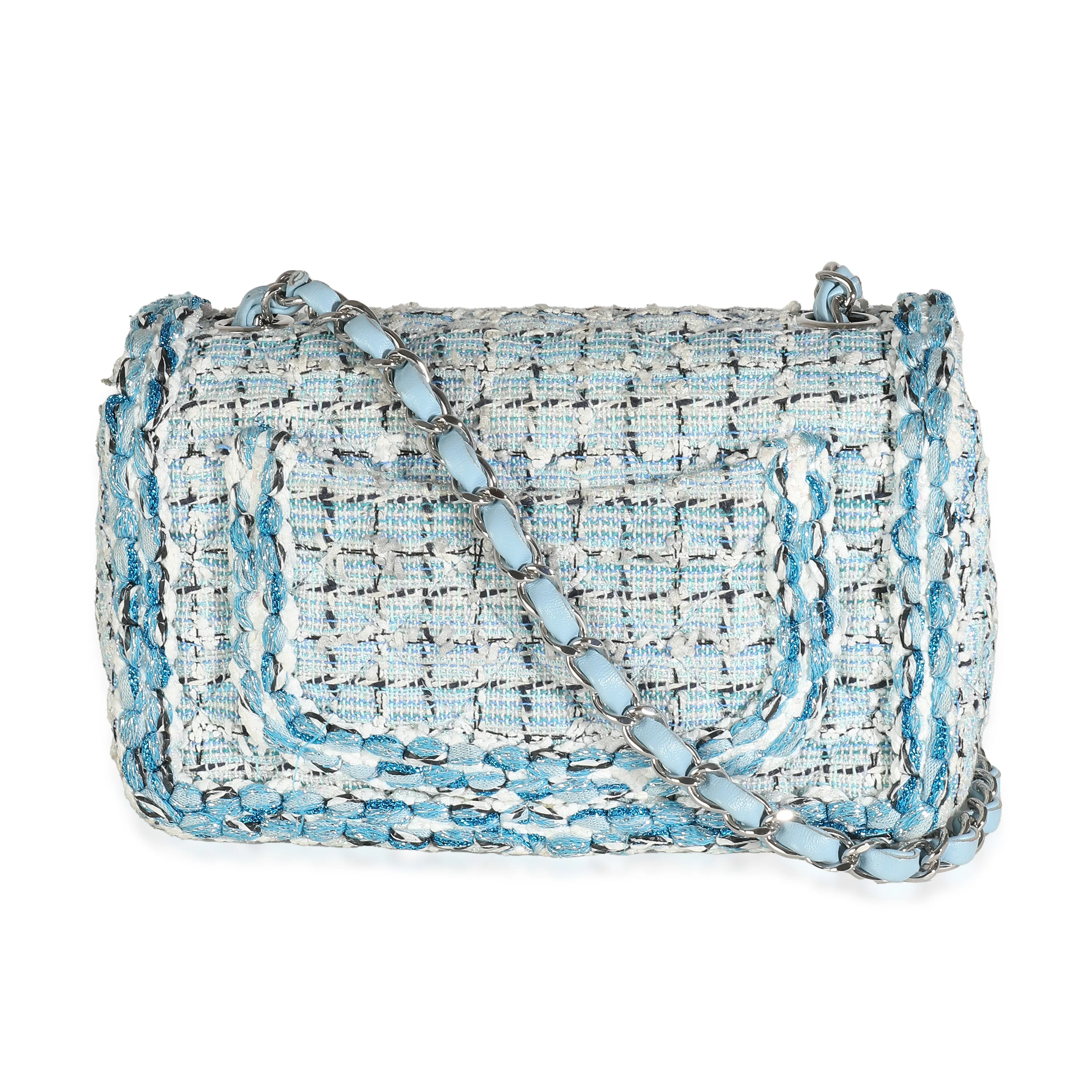 Metallic Blue White Tweed Mini Rectangular Flap Bag - Image 4