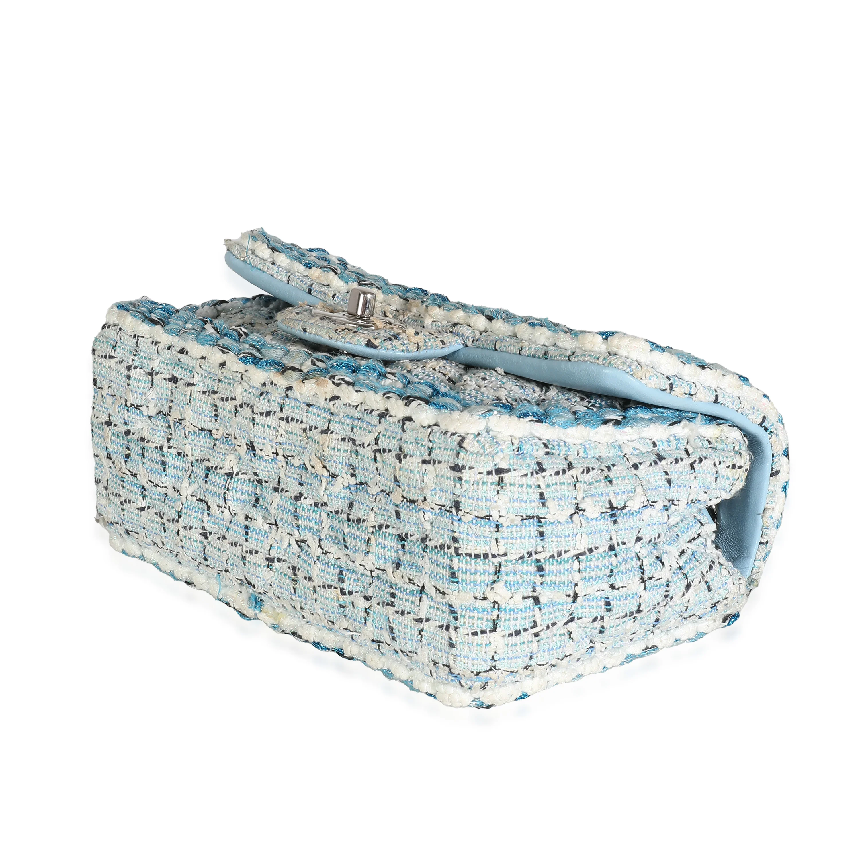 Metallic Blue White Tweed Mini Rectangular Flap Bag - Image 5
