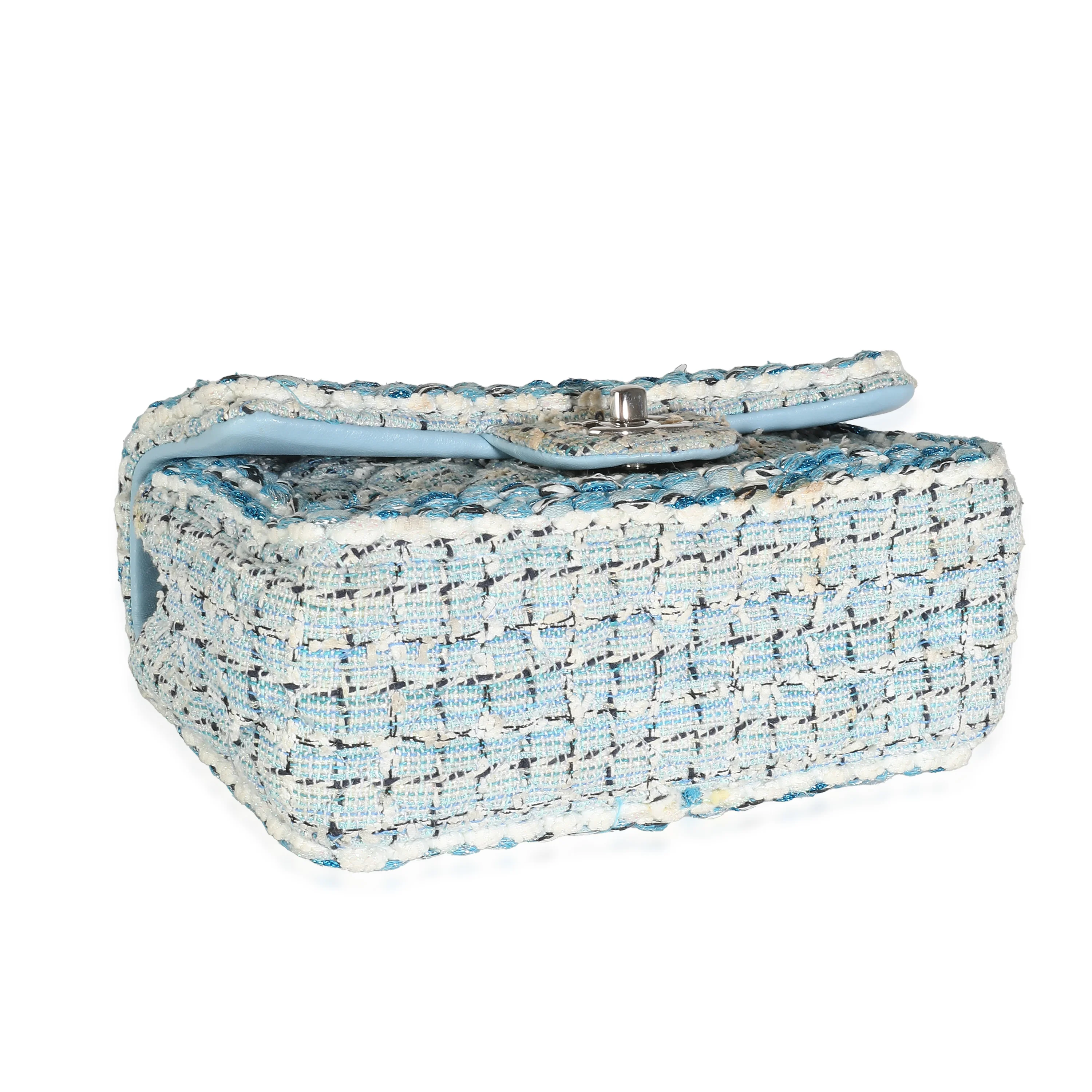 Metallic Blue White Tweed Mini Rectangular Flap Bag - Image 7