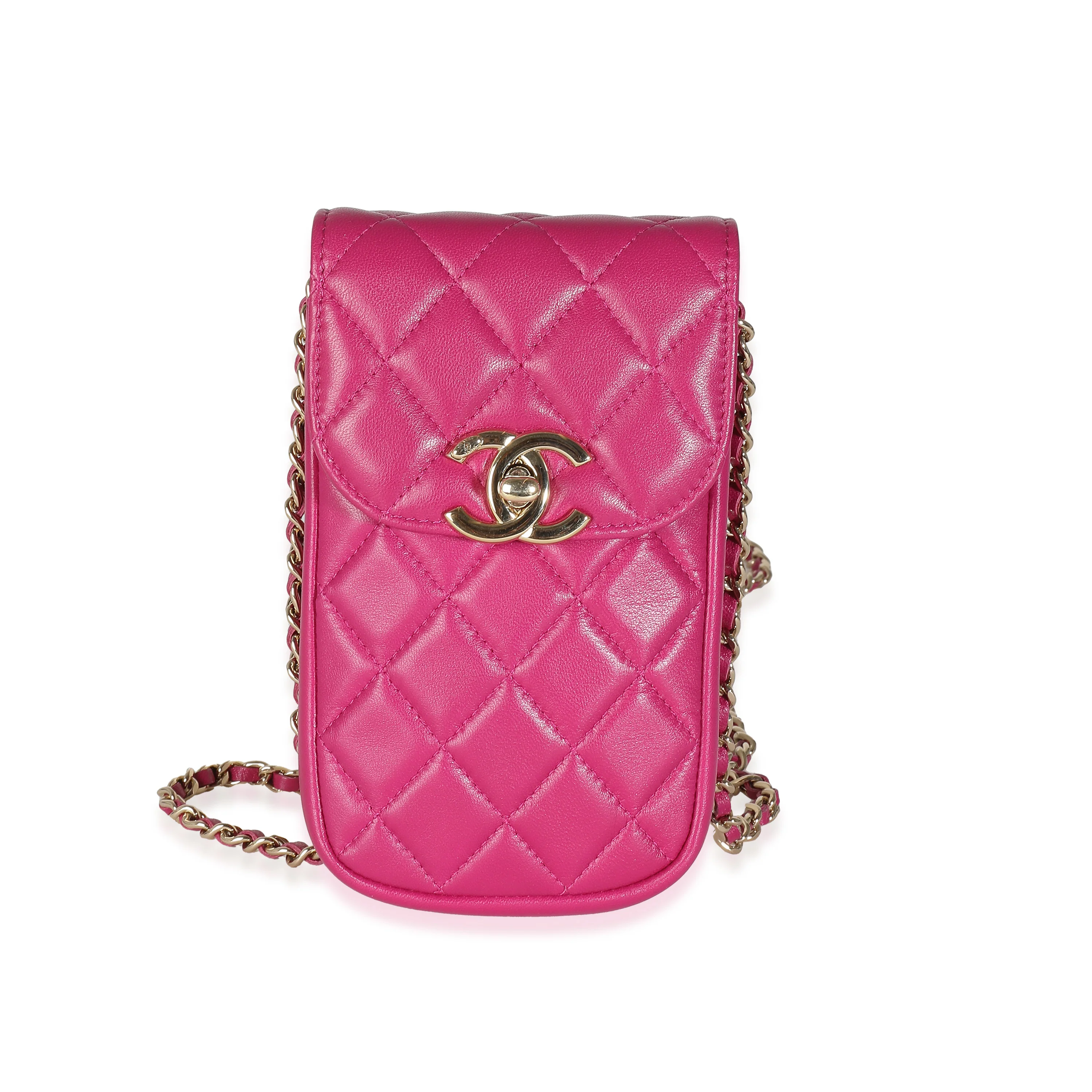 Chanel Pink Quilted Lambskin CC Phone Holder With Chain