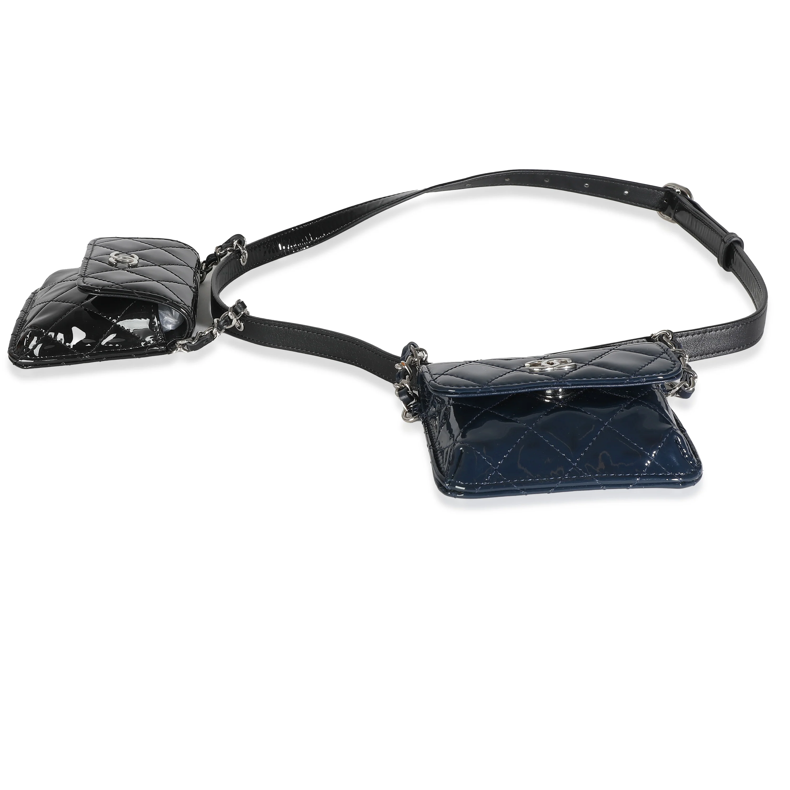 Chanel Black Navy Quilted Patent CC Double Chain Mini Waist Bag - Image 3