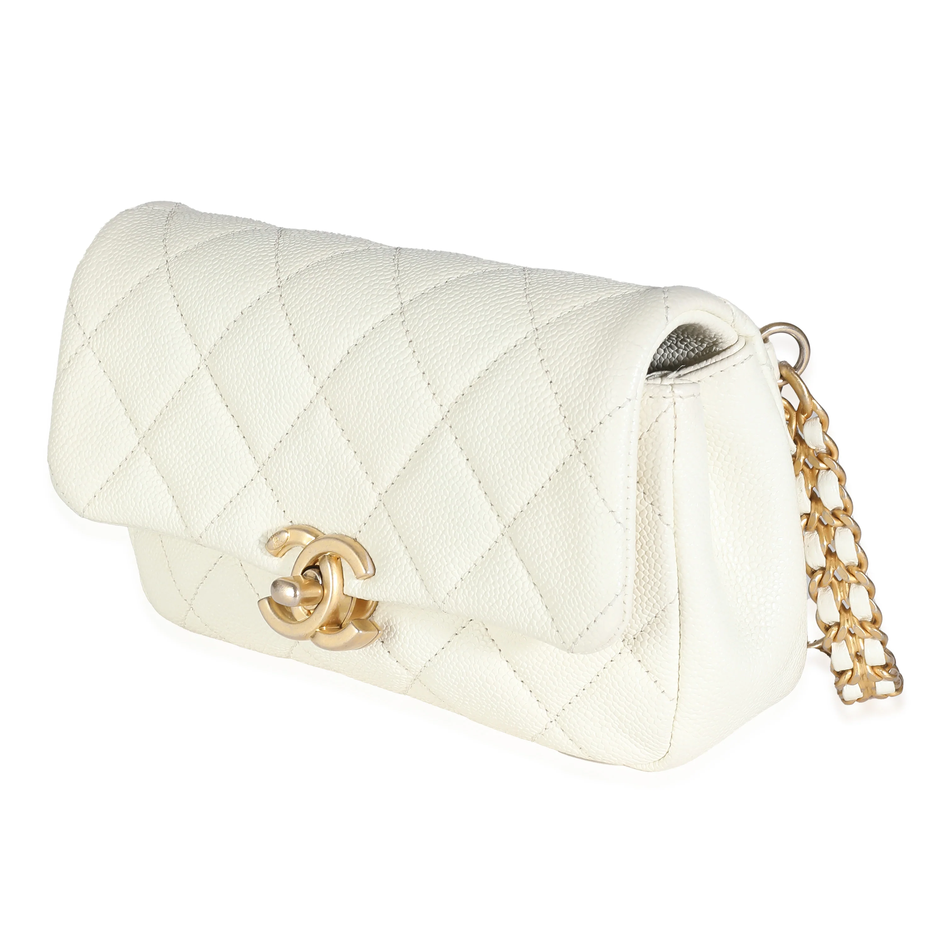 White Quilted Caviar Chain Melody Waist Belt Bag - Image 2