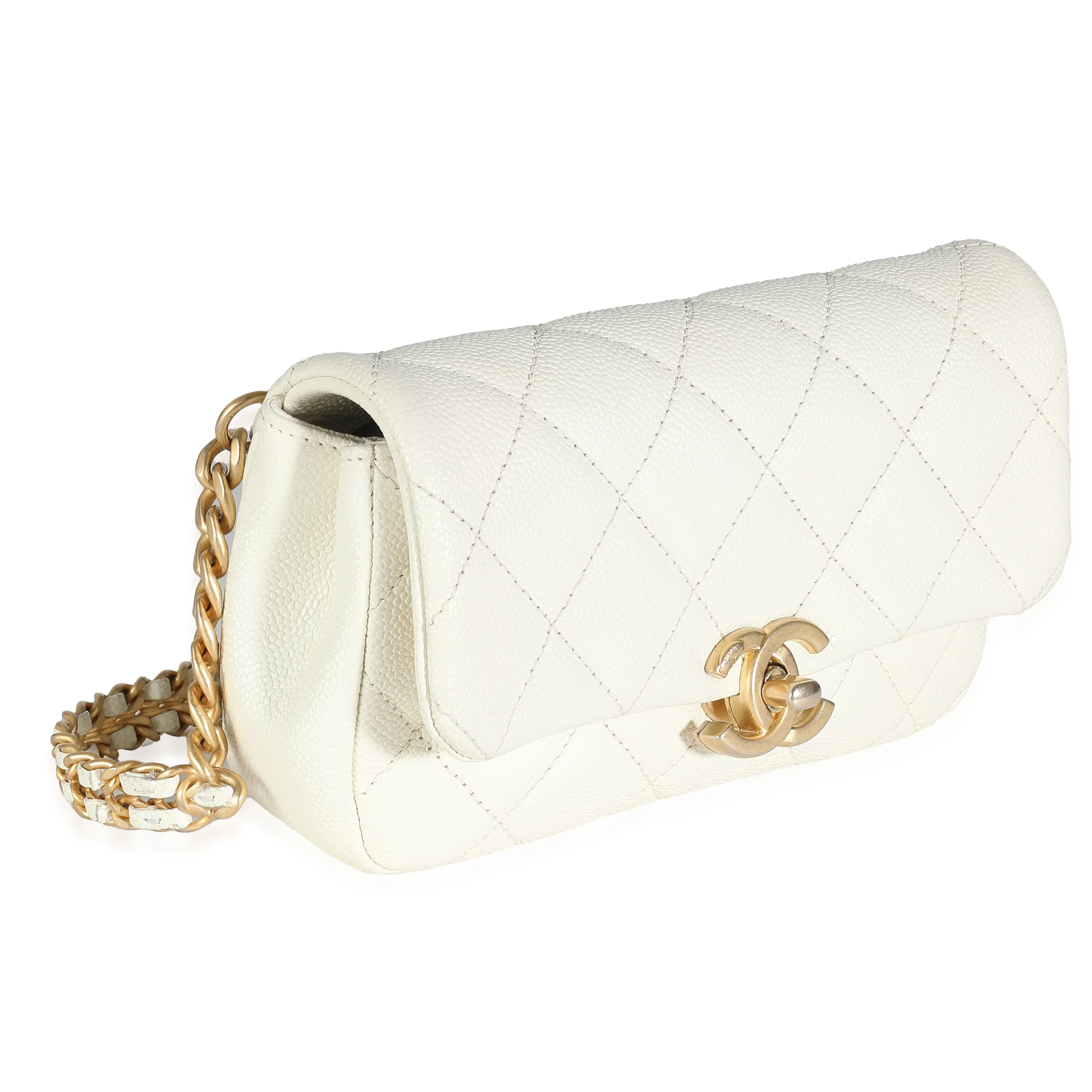 White Quilted Caviar Chain Melody Waist Belt Bag - Image 3