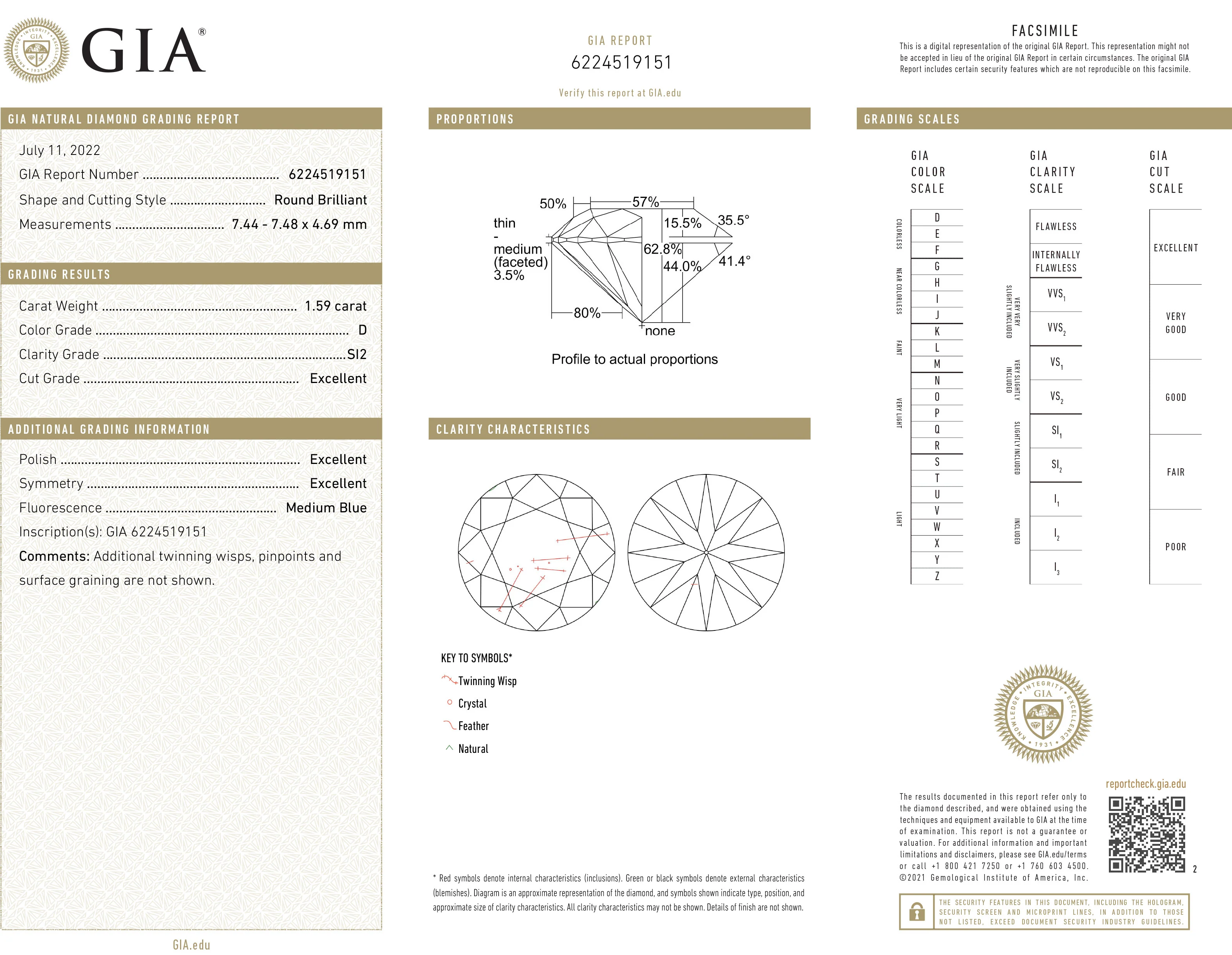 GIA Certified 1.59 Ct Round cut D SI2