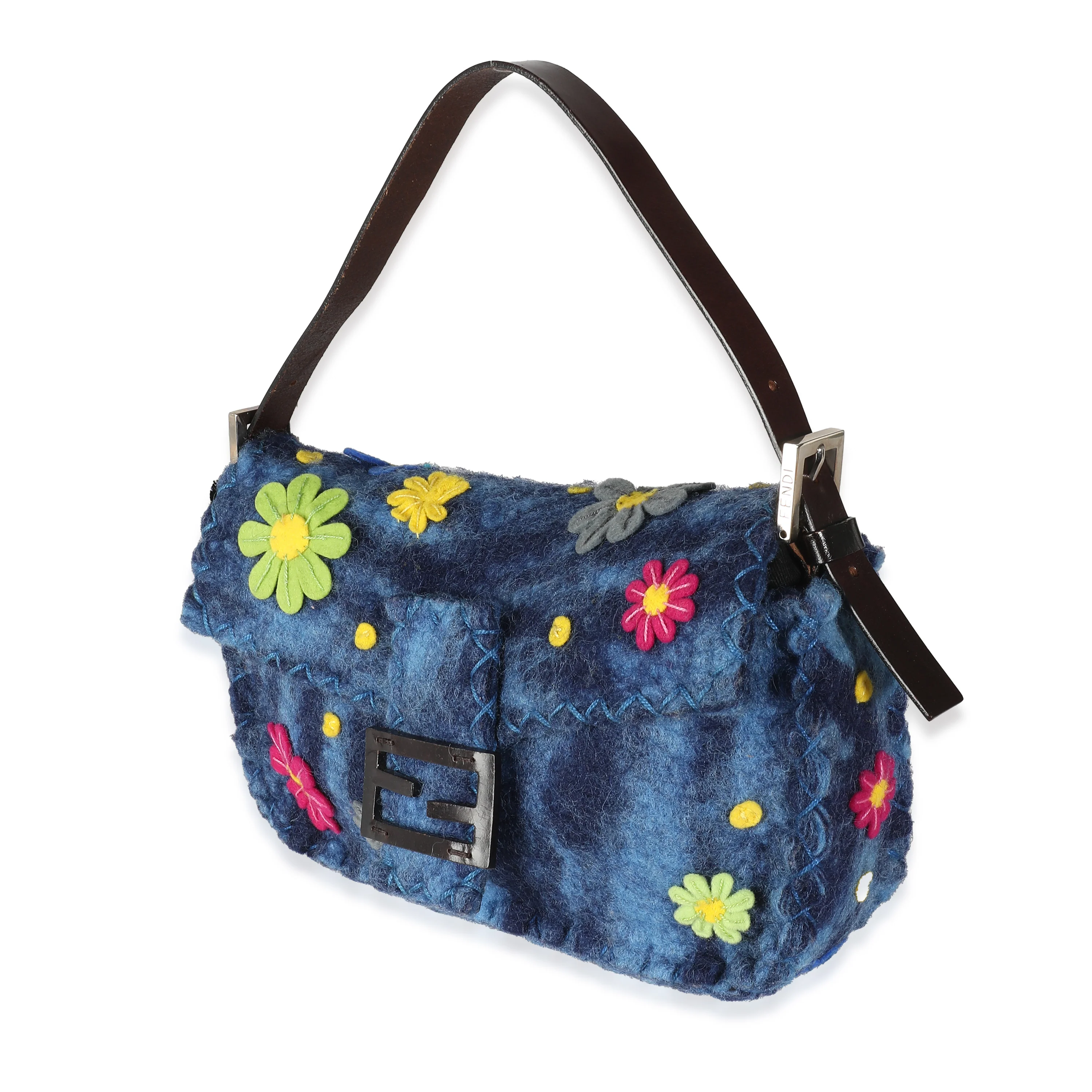 Blue Multicolor Wool Flower Baguette Bag - Image 2
