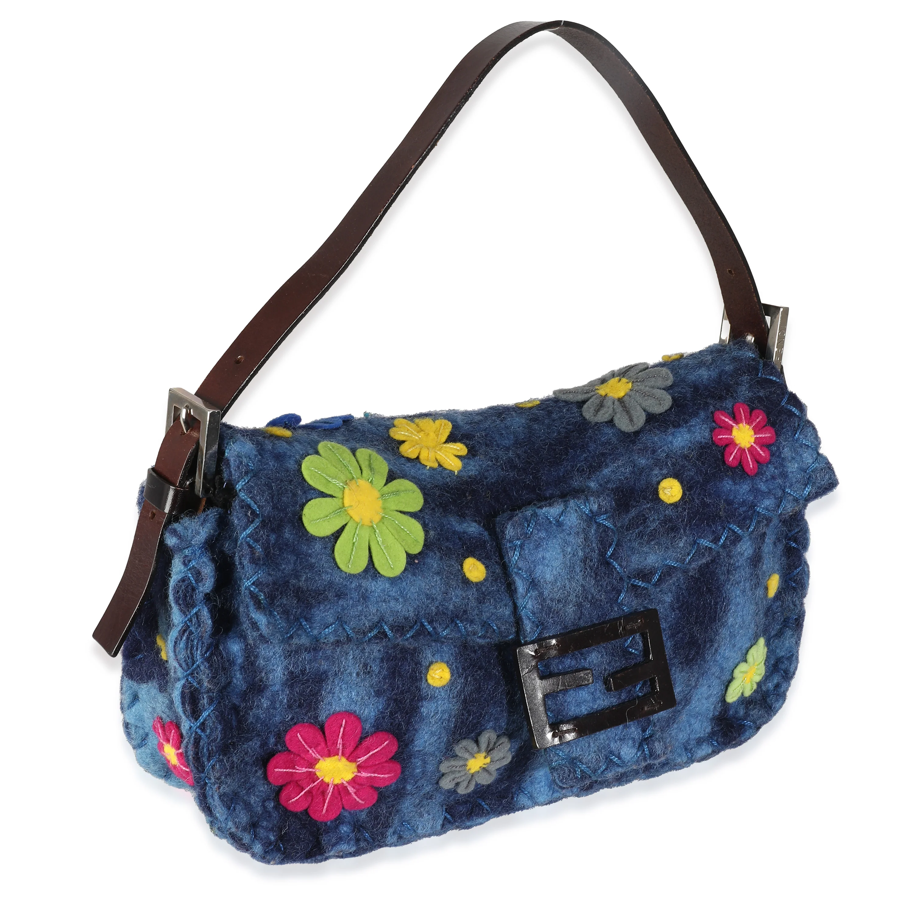 Blue Multicolor Wool Flower Baguette Bag - Image 3