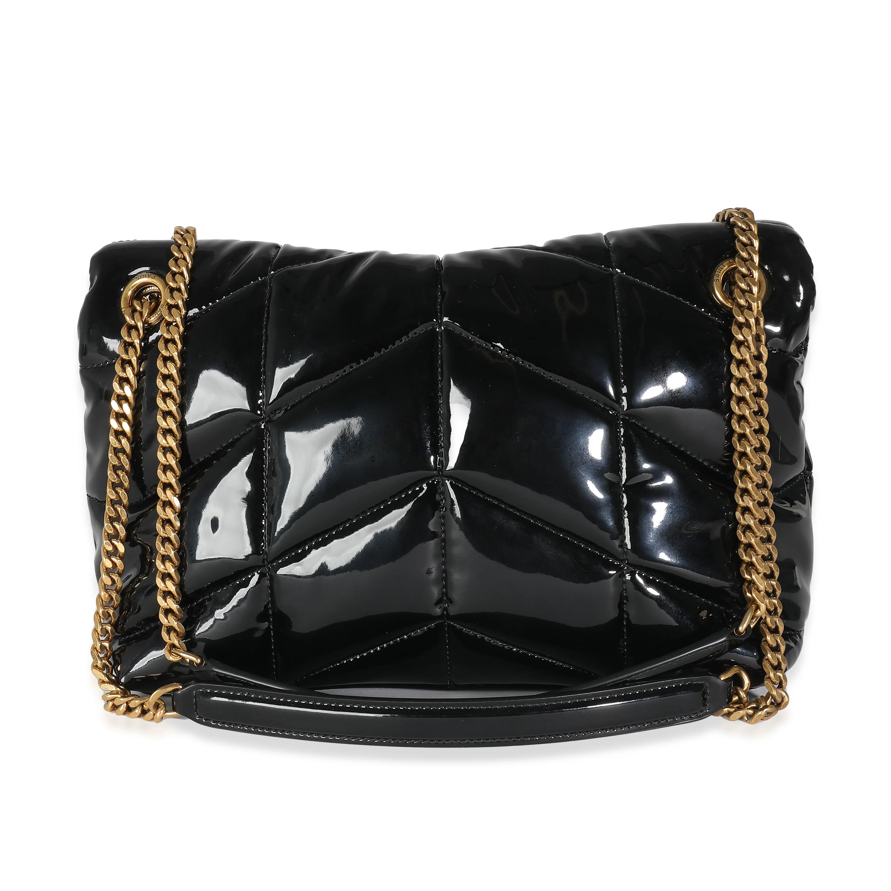 Black Quilted Patent Small Lou Puffer Chain Bag - Image 4