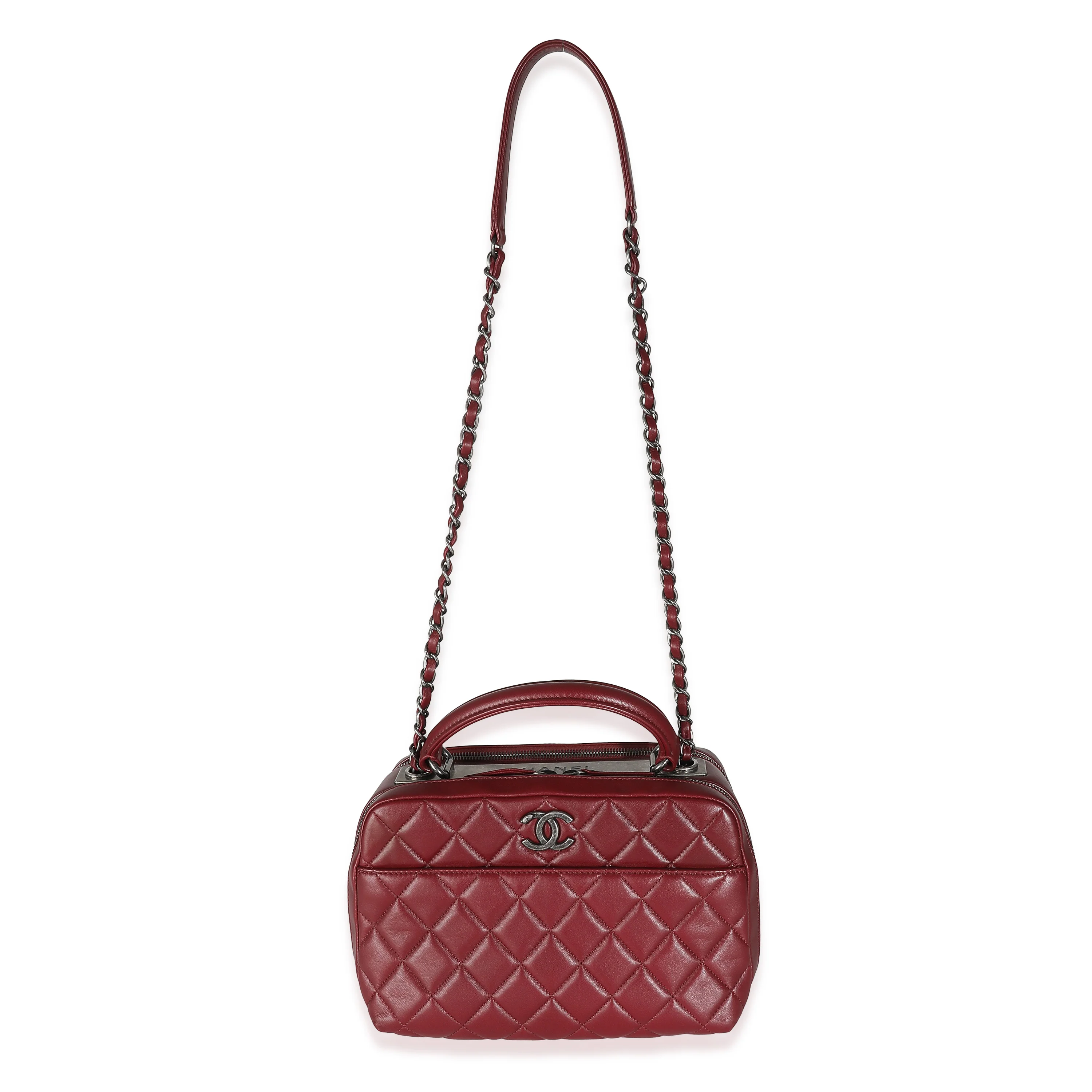 Burgundy Quilted Lambskin Medium Trendy CC Bowling Bag - Image 8