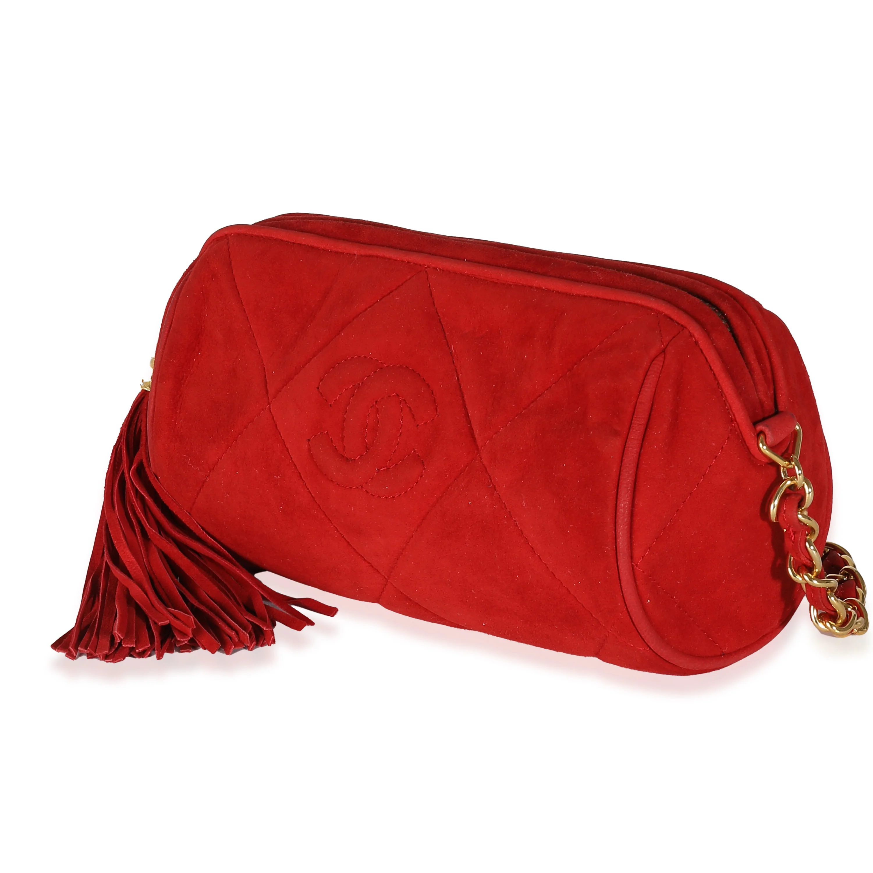 Vintage Red Suede Diamond Stitch Tassel Barrel Clutch - Image 2