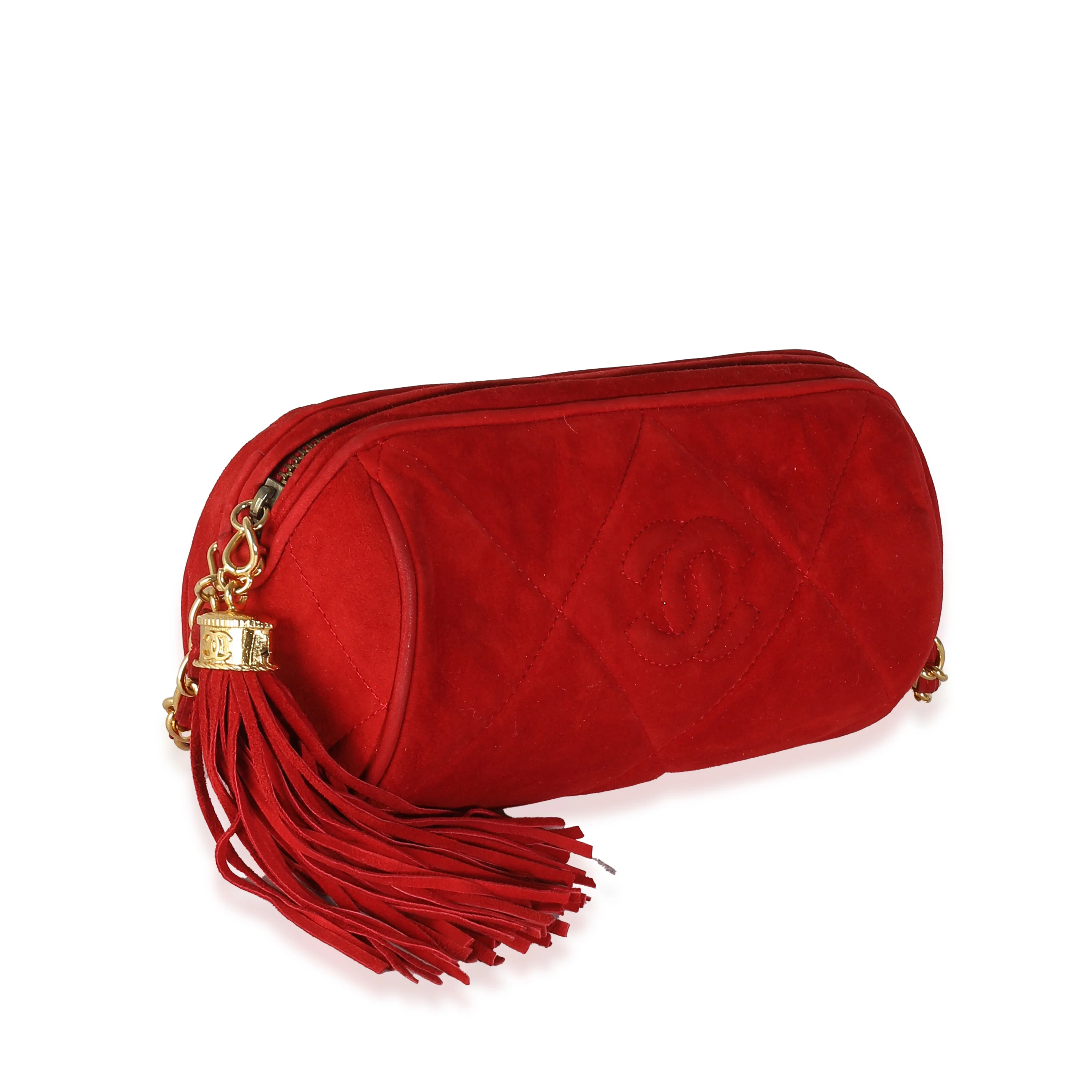 Vintage Red Suede Diamond Stitch Tassel Barrel Clutch - Image 3