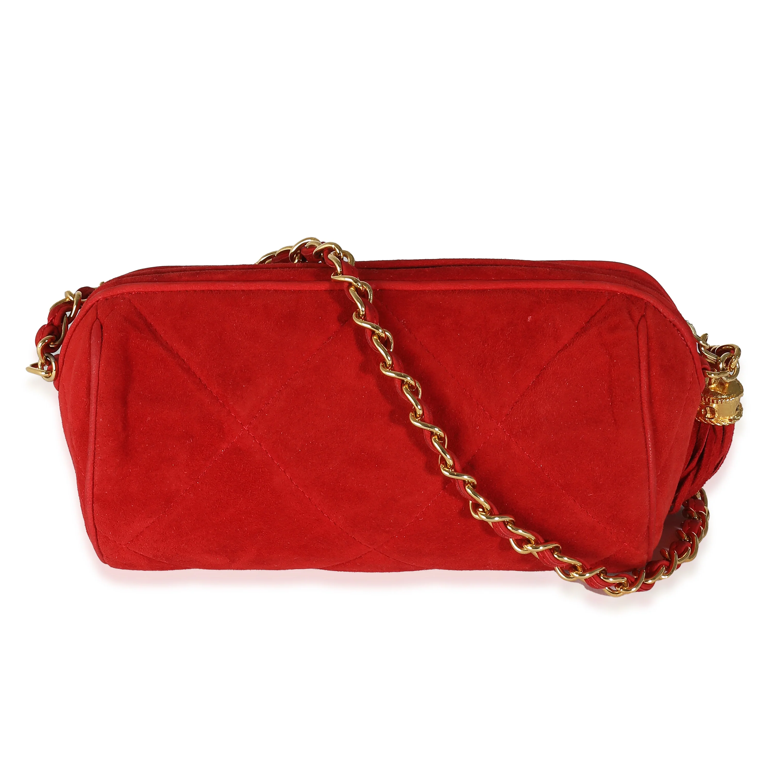 Vintage Red Suede Diamond Stitch Tassel Barrel Clutch - Image 5