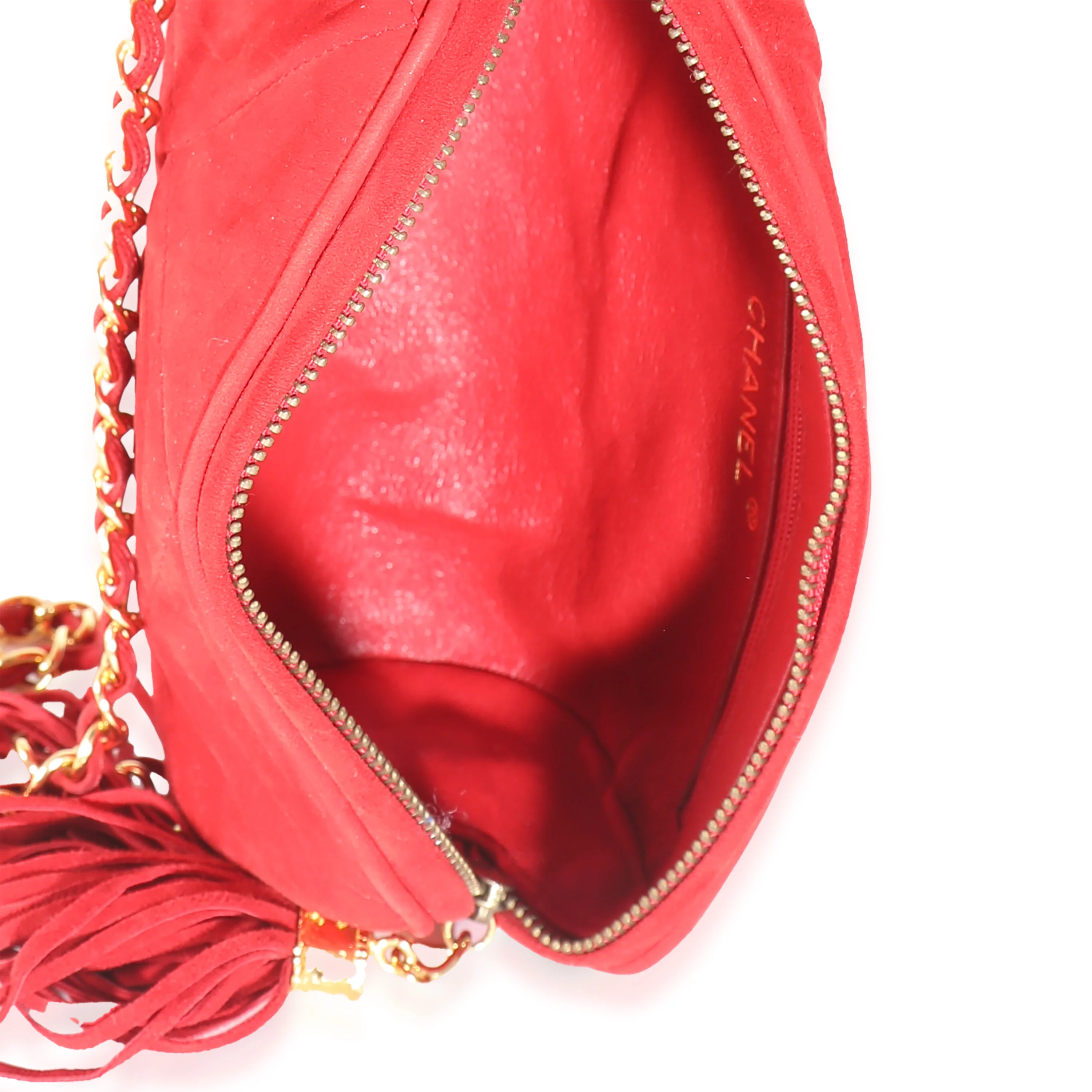 Vintage Red Suede Diamond Stitch Tassel Barrel Clutch - Image 9