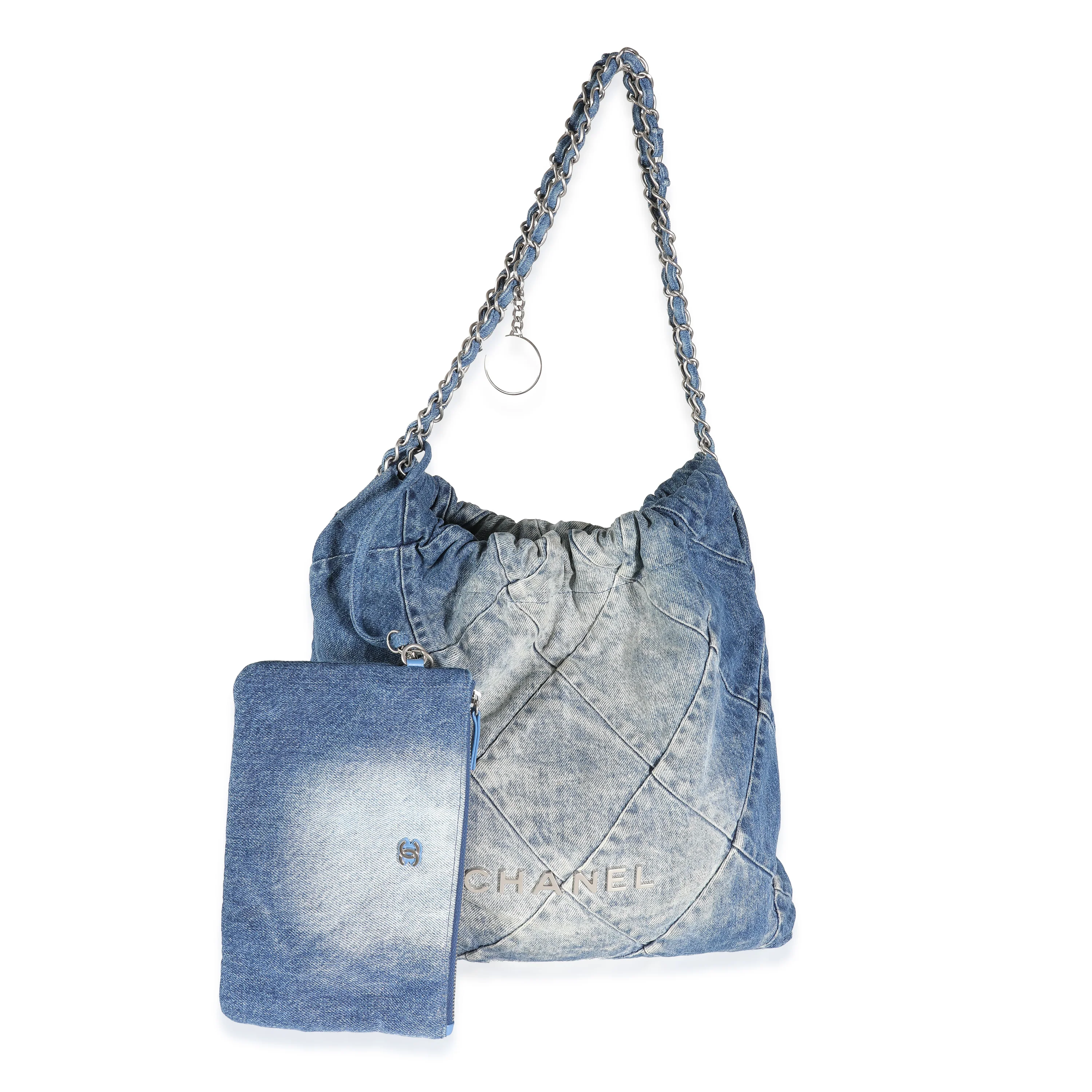 Blue Quilted Denim Medium Chanel 22 Hobo - Image 3