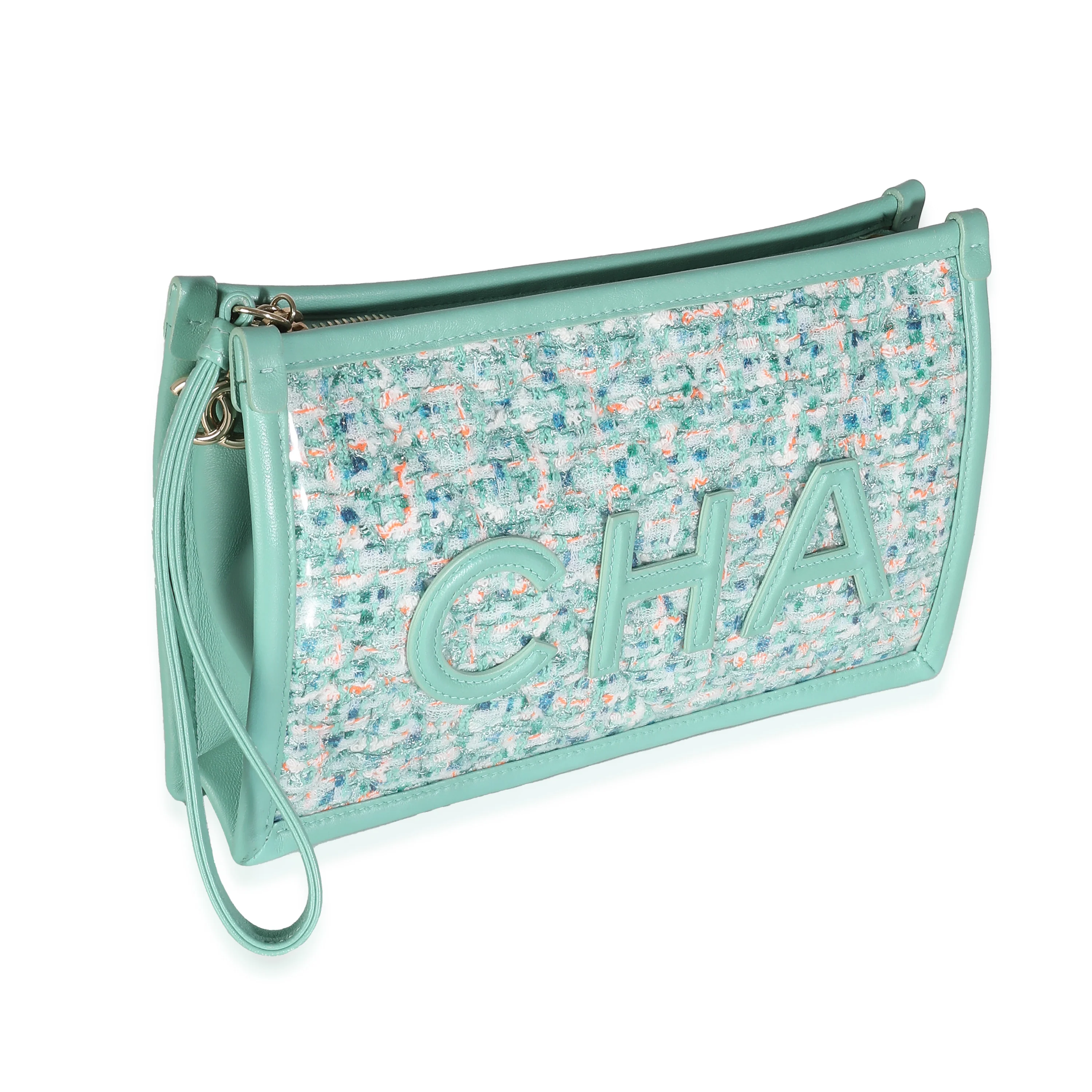 Green Tweed PVC Lambskin Chanel Logo Wristlet Pouch - Image 3