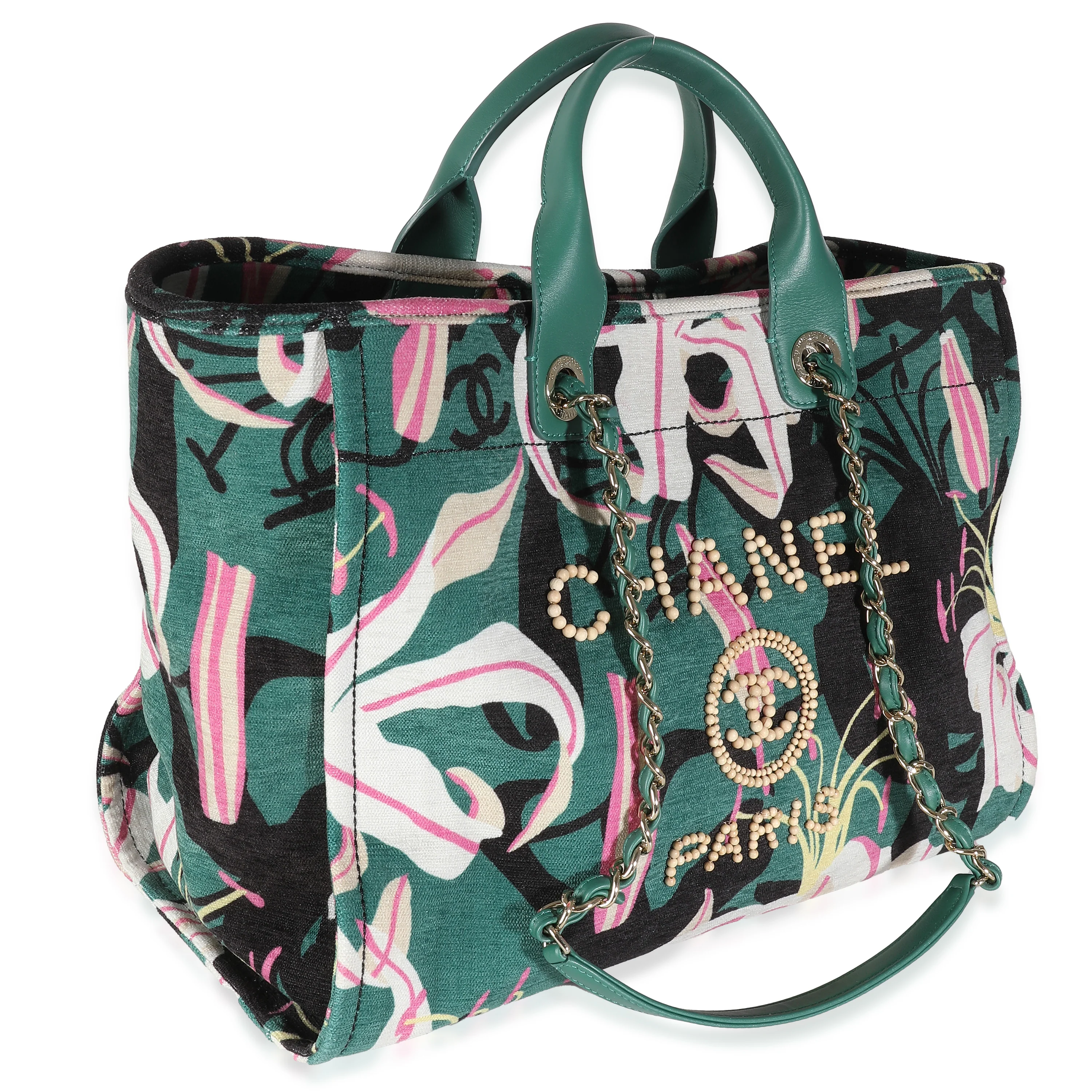 23A Green Pink Tropical Velvet Deauville Shopping Tote - Image 3