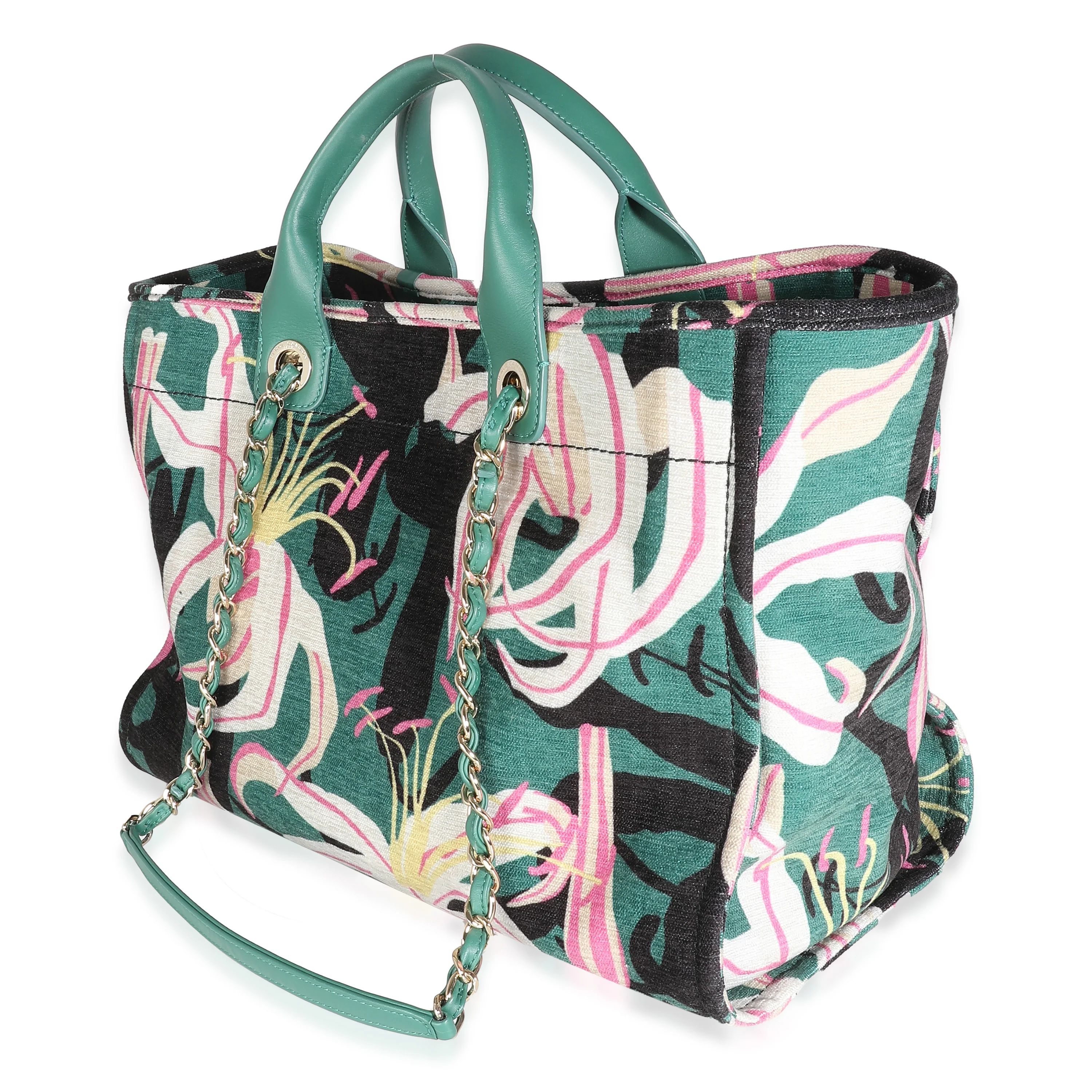 23A Green Pink Tropical Velvet Deauville Shopping Tote - Image 5