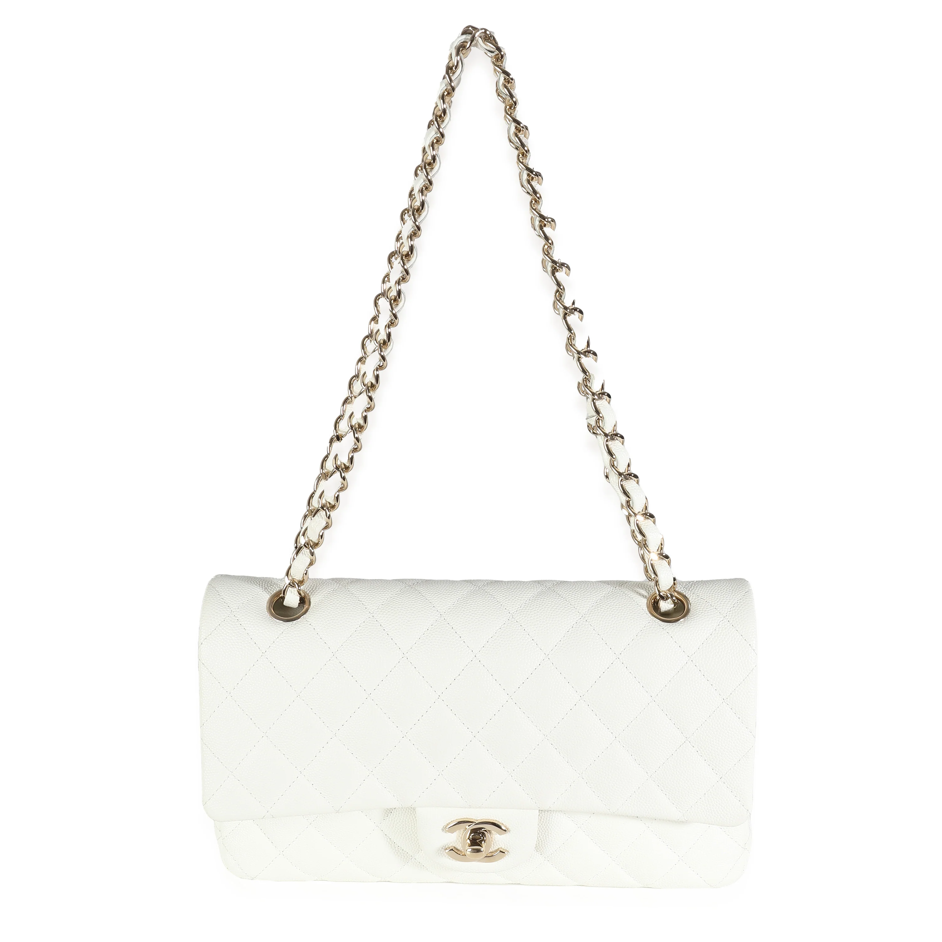 White Quilted Caviar Medium Classic Double Flap Bag - Image 7