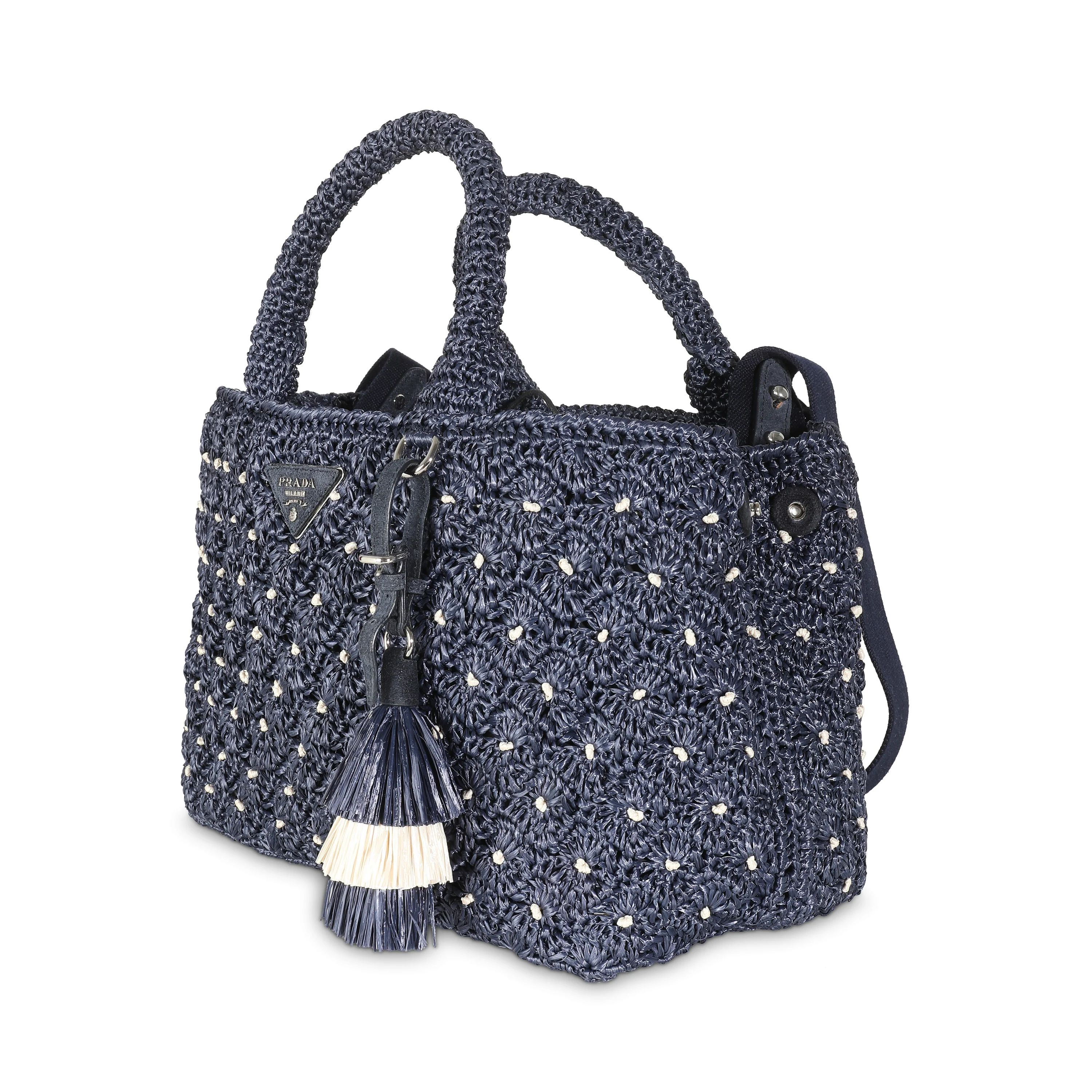 Navy Crochet Woven Raffia Small Canapa Tote - Image 2