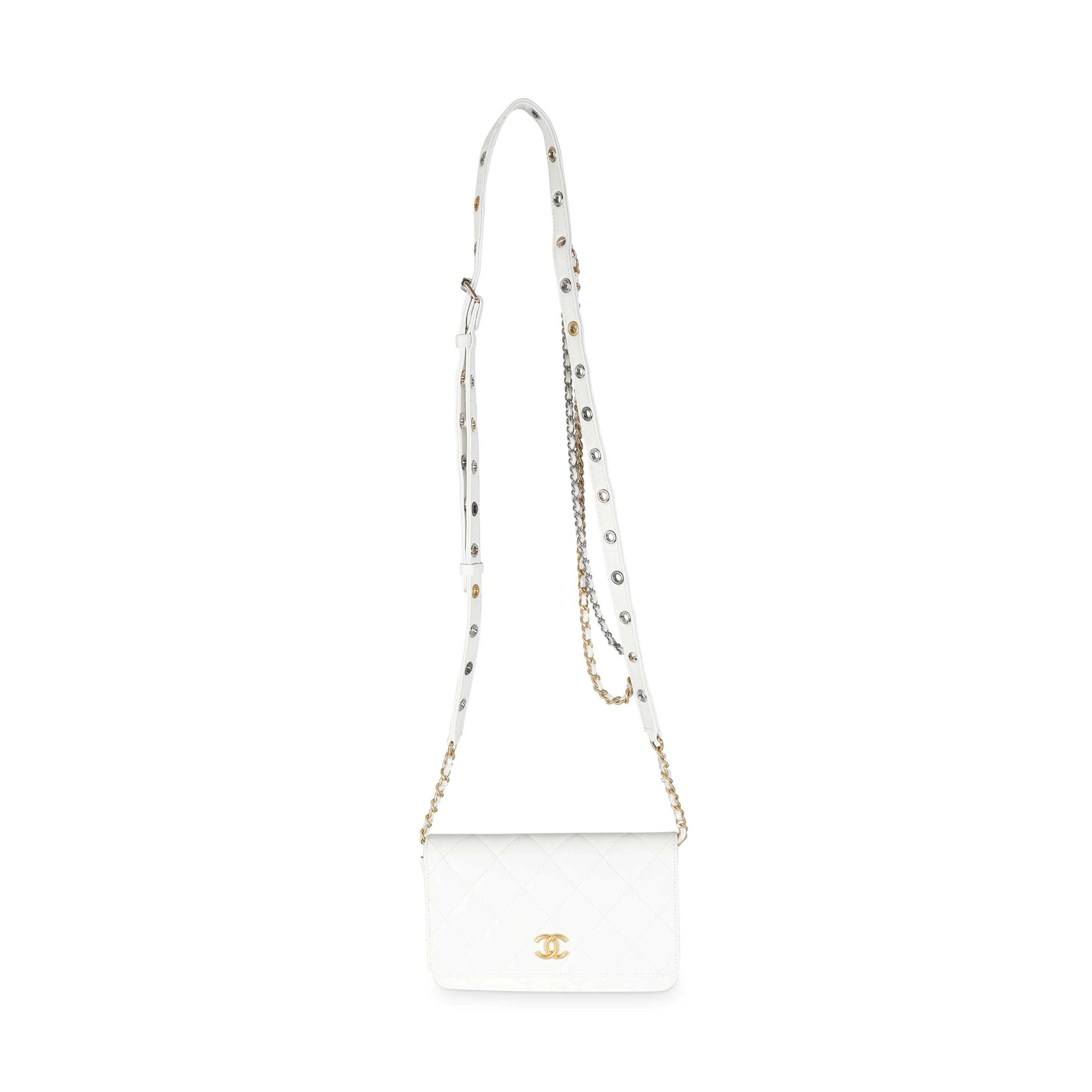 White Quilted Goatskin Punk Essentials Wallet On Chain - Image 8