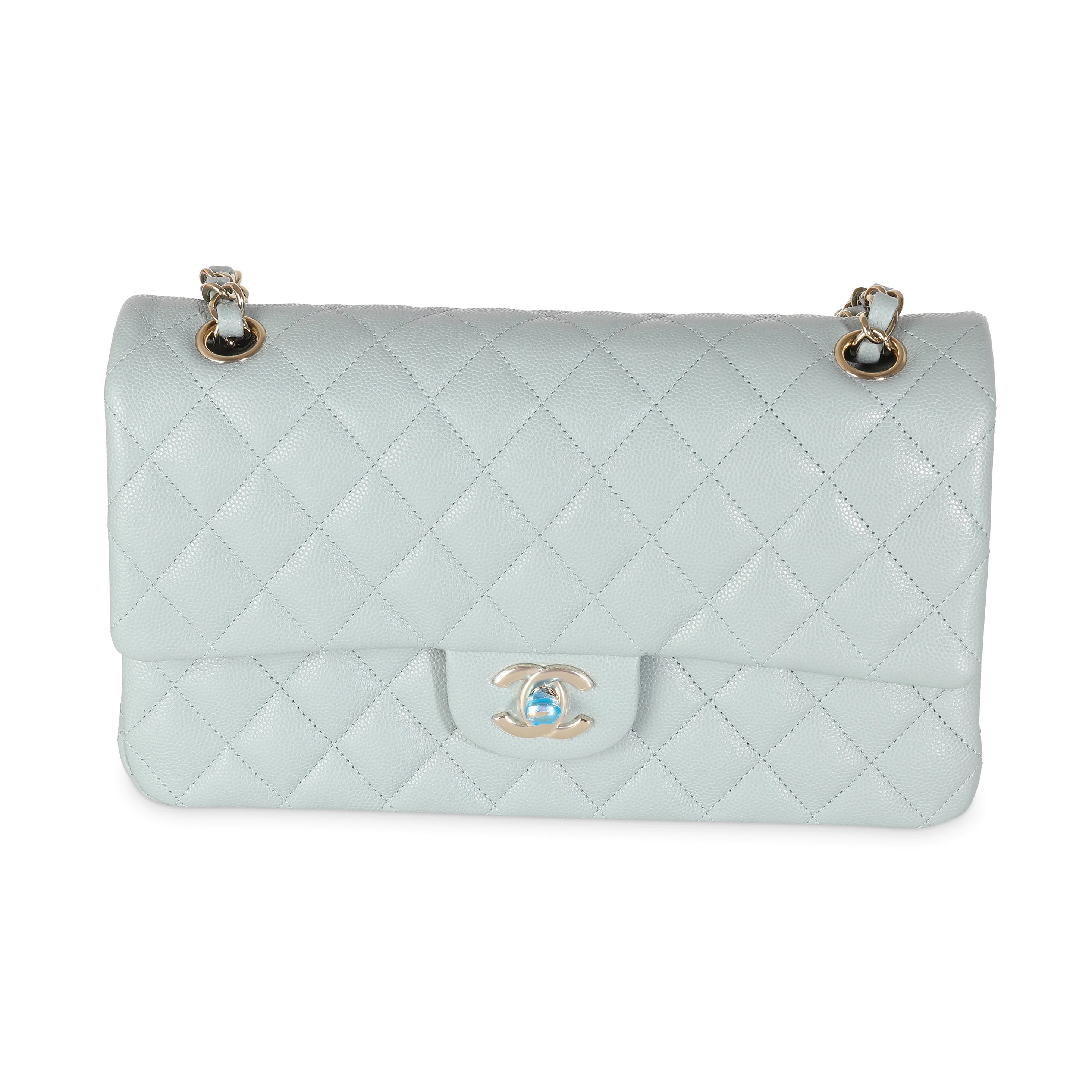 Light Blue Quilted Caviar Medium Classic Double Flap Bag
