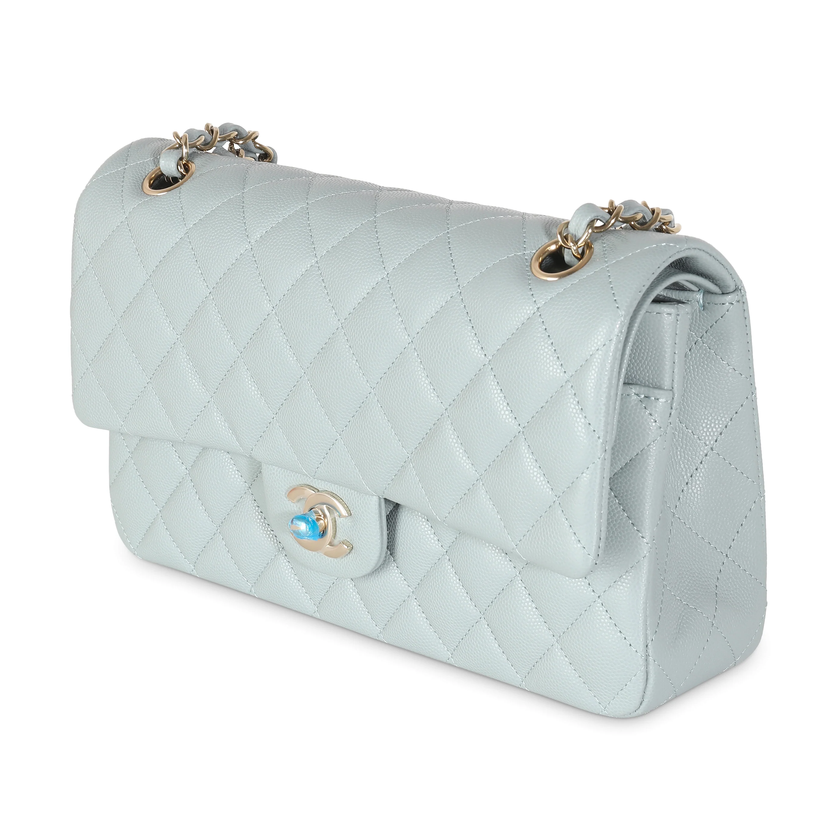 Light Blue Quilted Caviar Medium Classic Double Flap Bag - Image 2