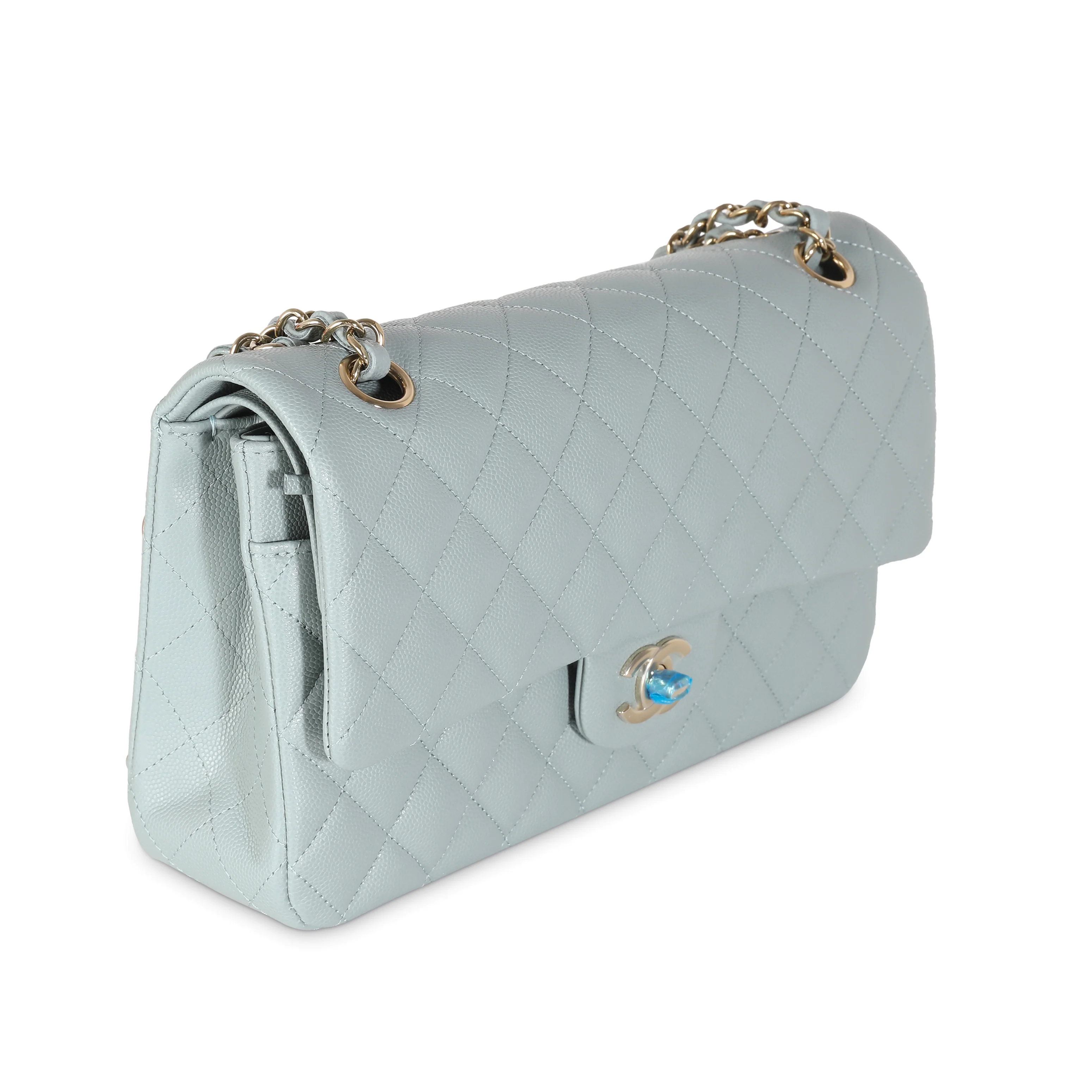 Light Blue Quilted Caviar Medium Classic Double Flap Bag - Image 3