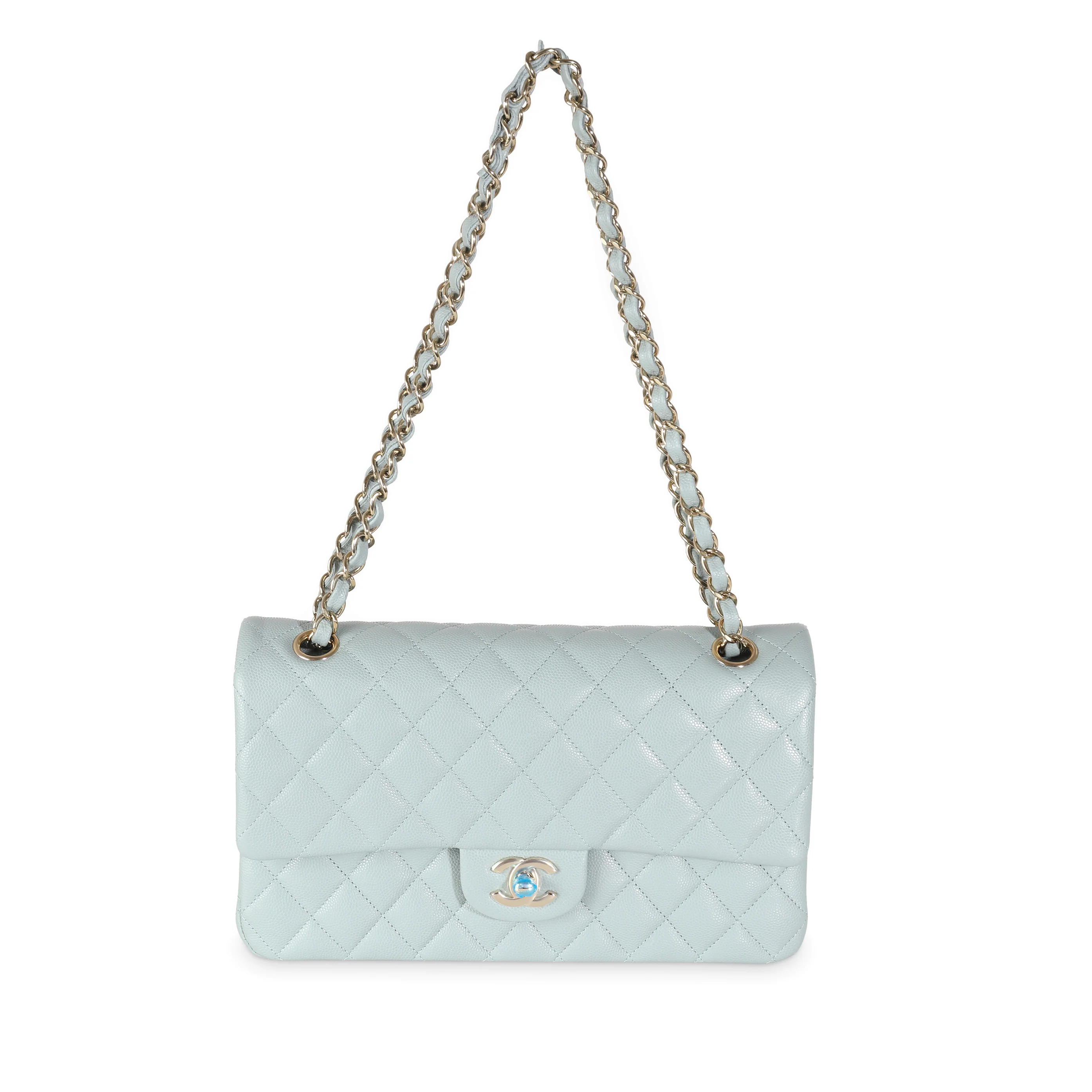 Light Blue Quilted Caviar Medium Classic Double Flap Bag - Image 8